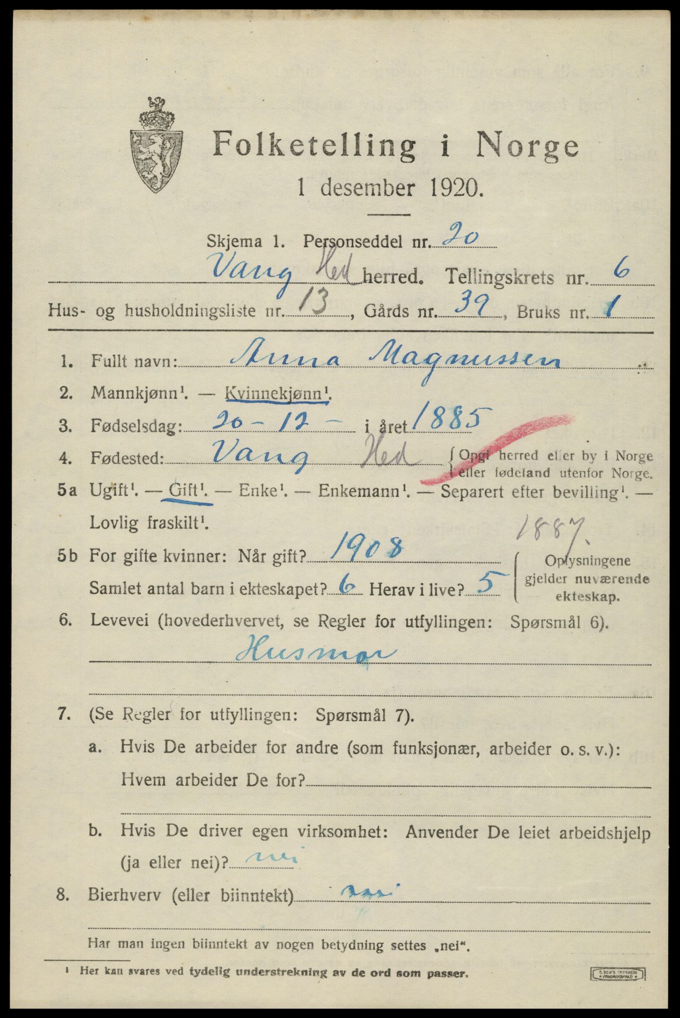 SAH, 1920 census for Vang (Hedmark), 1920, p. 15383