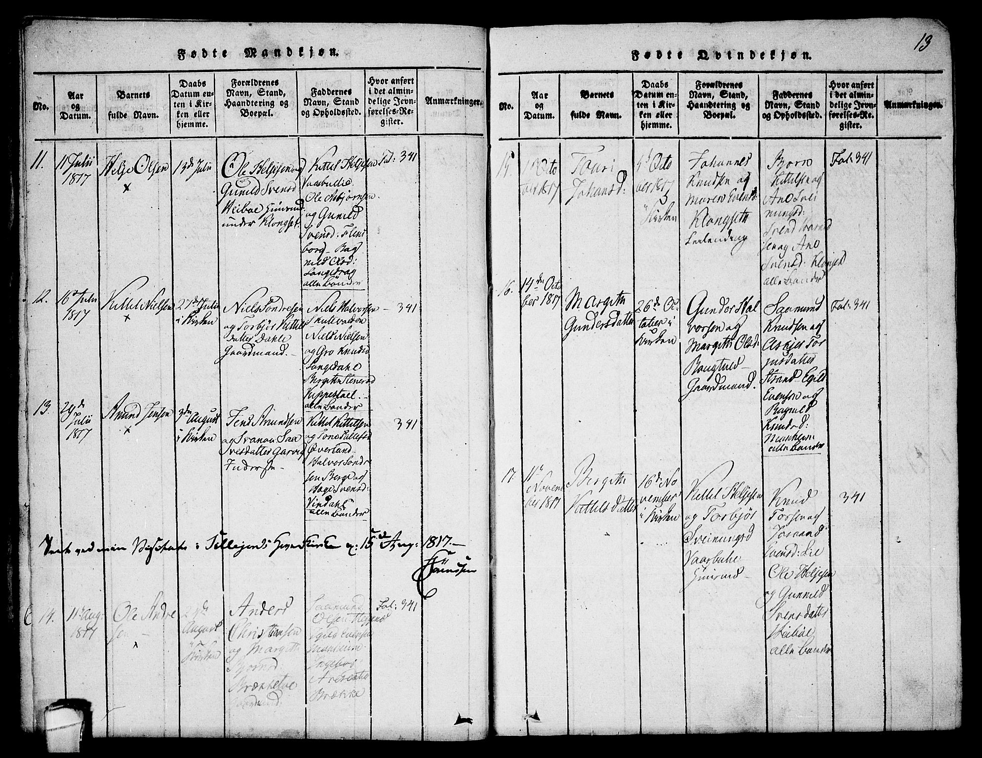 Seljord kirkebøker, SAKO/A-20/F/Fa/L0010: Parish register (official) no. I 10, 1815-1831, p. 13