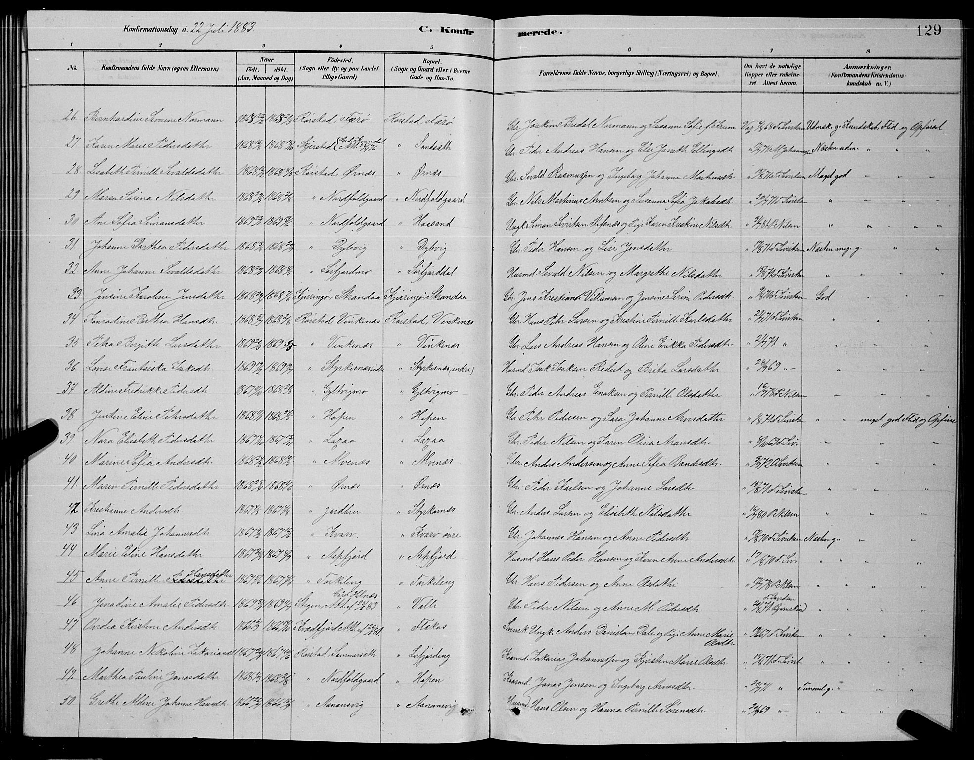 Ministerialprotokoller, klokkerbøker og fødselsregistre - Nordland, SAT/A-1459/853/L0776: Parish register (copy) no. 853C04, 1878-1889, p. 129
