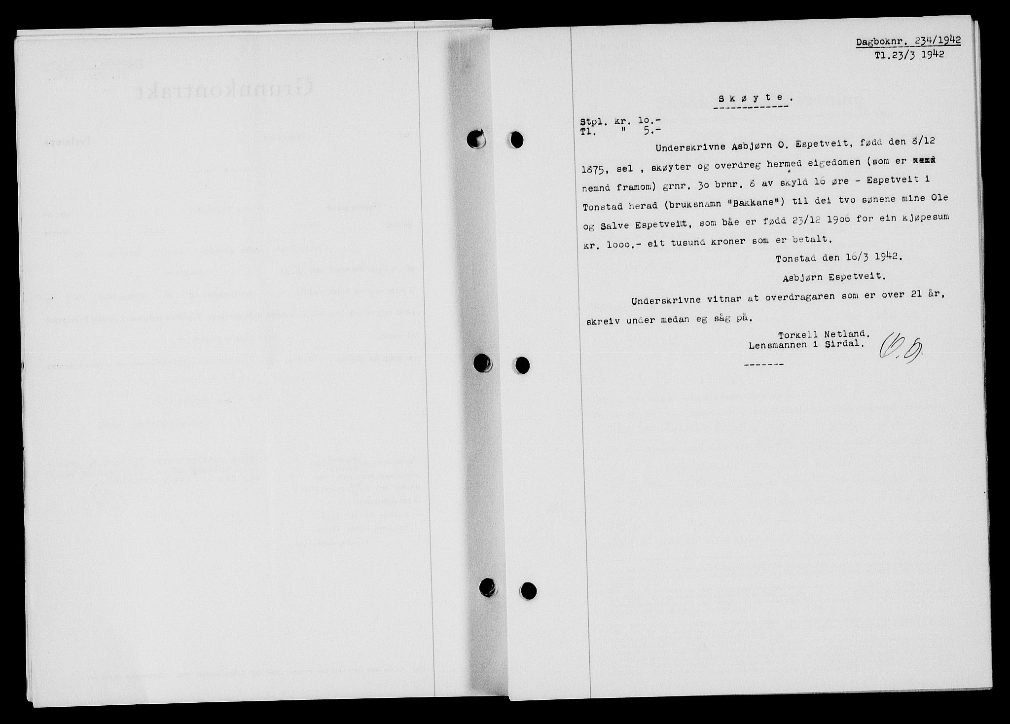 Flekkefjord sorenskriveri, AV/SAK-1221-0001/G/Gb/Gba/L0057: Mortgage book no. A-5, 1941-1942, Diary no: : 234/1942