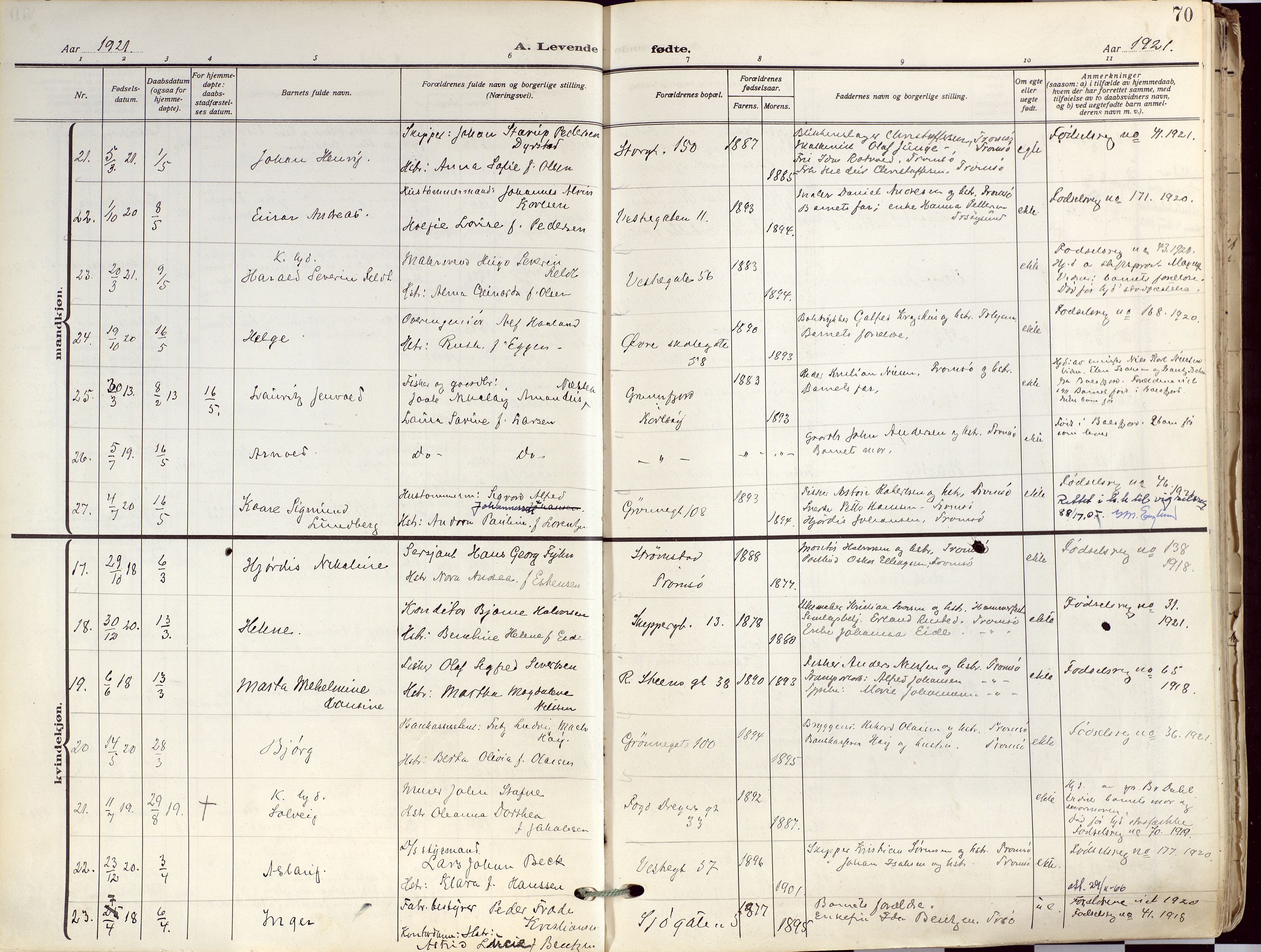 Tromsø sokneprestkontor/stiftsprosti/domprosti, SATØ/S-1343/G/Ga/L0019kirke: Parish register (official) no. 19, 1917-1927, p. 70