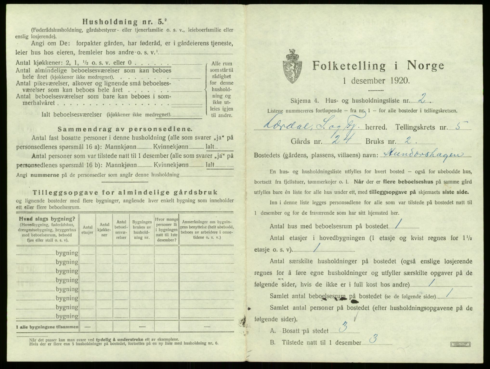 SAB, 1920 census for Lærdal, 1920, p. 381