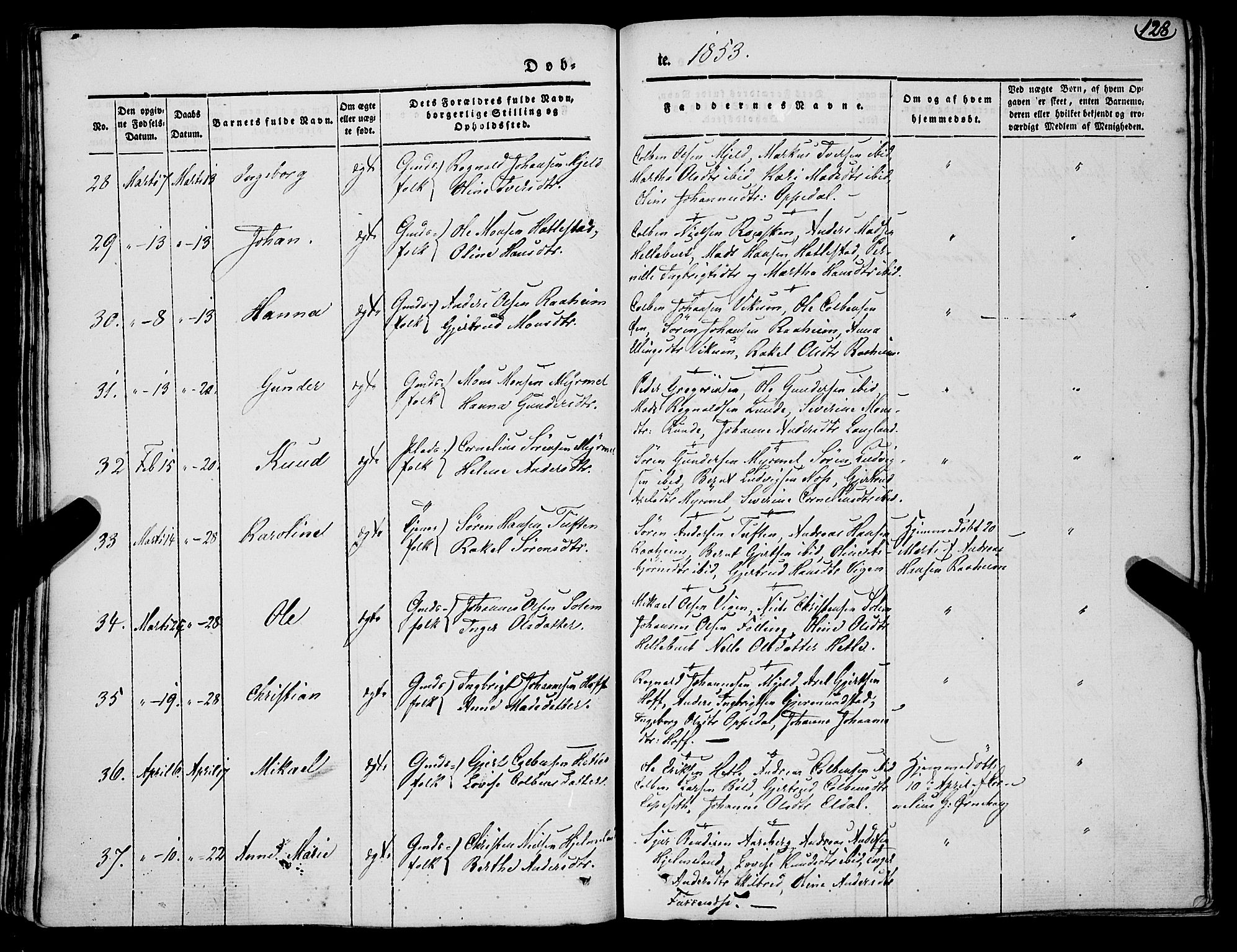 Gaular sokneprestembete, SAB/A-80001/H/Haa: Parish register (official) no. A 4I, 1840-1859, p. 128