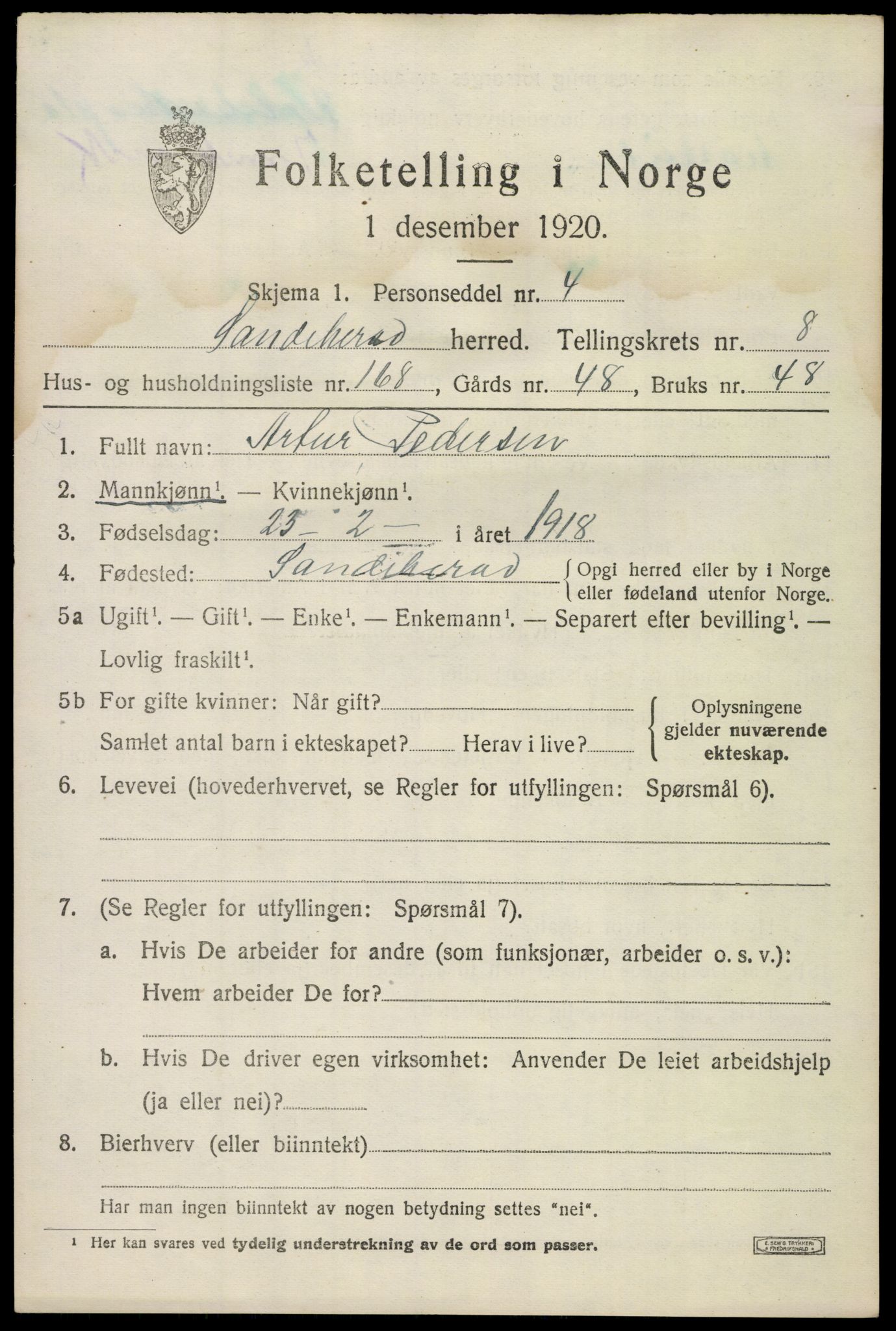 SAKO, 1920 census for Sandeherred, 1920, p. 14252