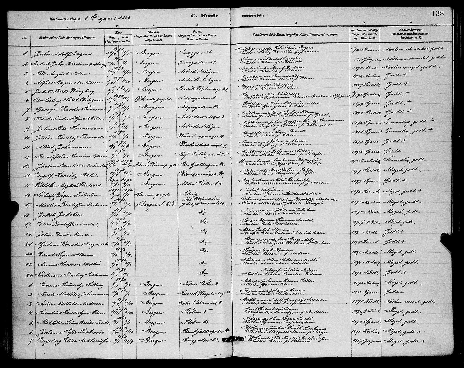 Mariakirken Sokneprestembete, SAB/A-76901/H/Hab/L0004: Parish register (copy) no. A 4, 1878-1892, p. 138