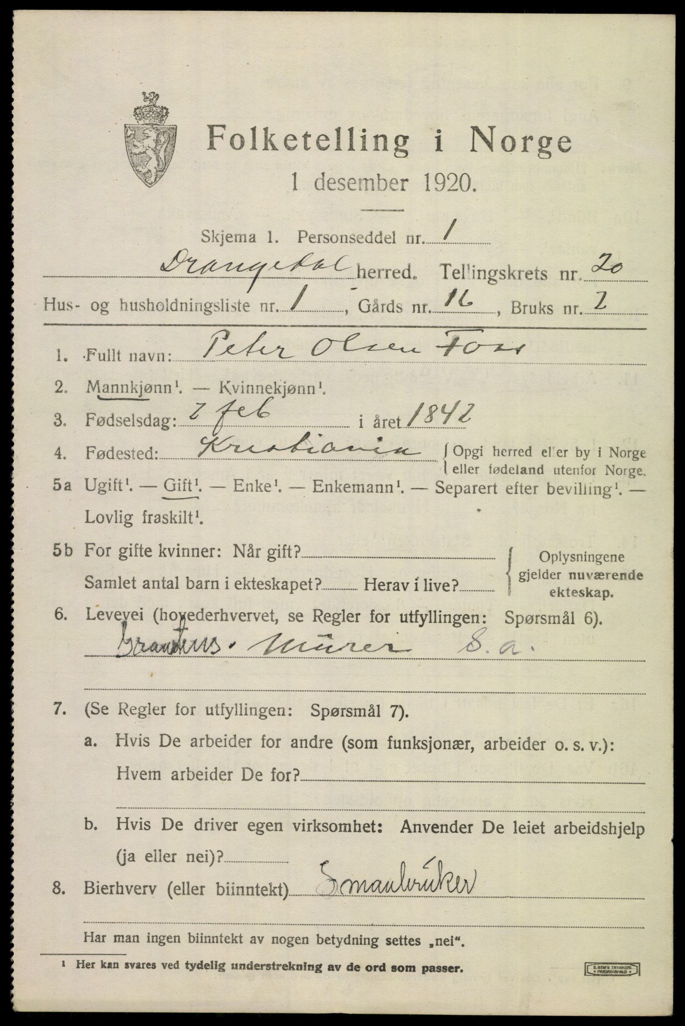 SAKO, 1920 census for Drangedal, 1920, p. 8695