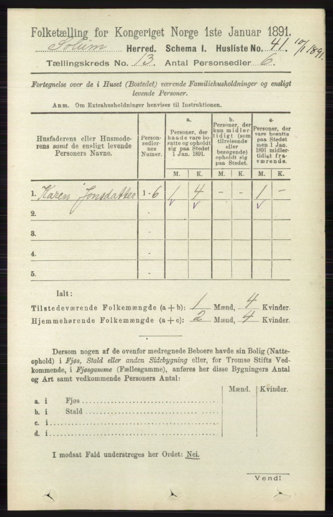 RA, 1891 census for 0818 Solum, 1891, p. 6043