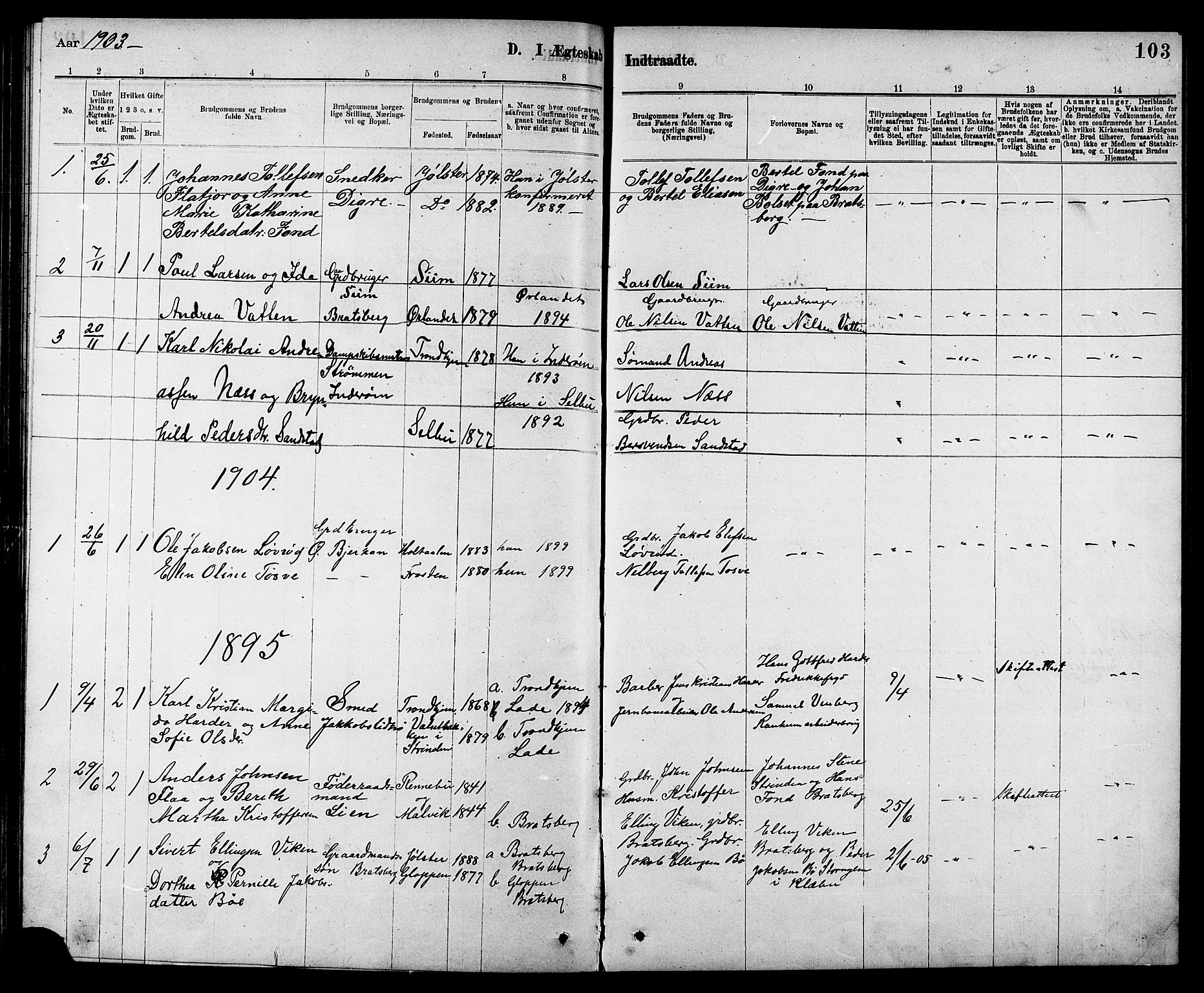 Ministerialprotokoller, klokkerbøker og fødselsregistre - Sør-Trøndelag, AV/SAT-A-1456/608/L0341: Parish register (copy) no. 608C07, 1890-1912, p. 103