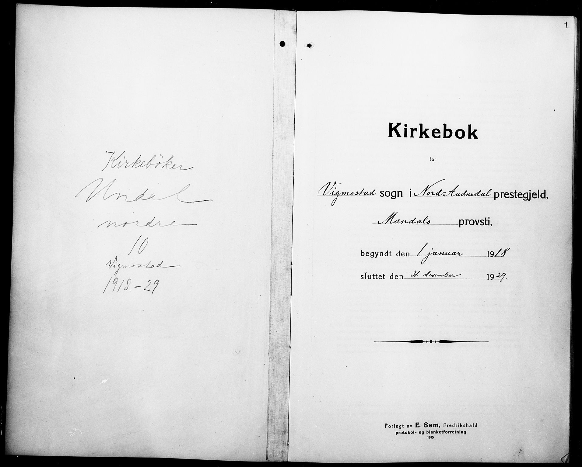 Nord-Audnedal sokneprestkontor, SAK/1111-0032/F/Fb/Fbb/L0005: Parish register (copy) no. B 5, 1918-1929, p. 0-1