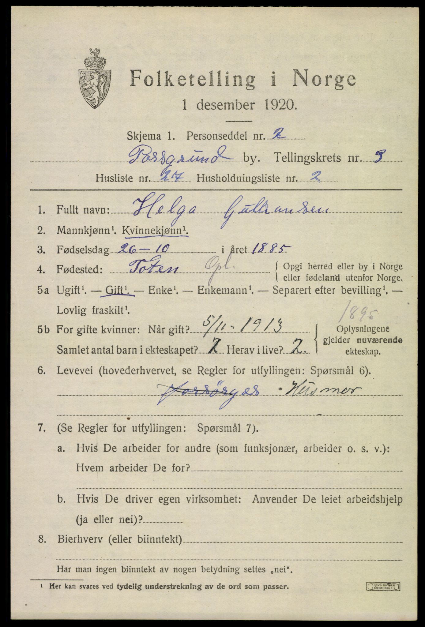 SAKO, 1920 census for Porsgrunn, 1920, p. 14769