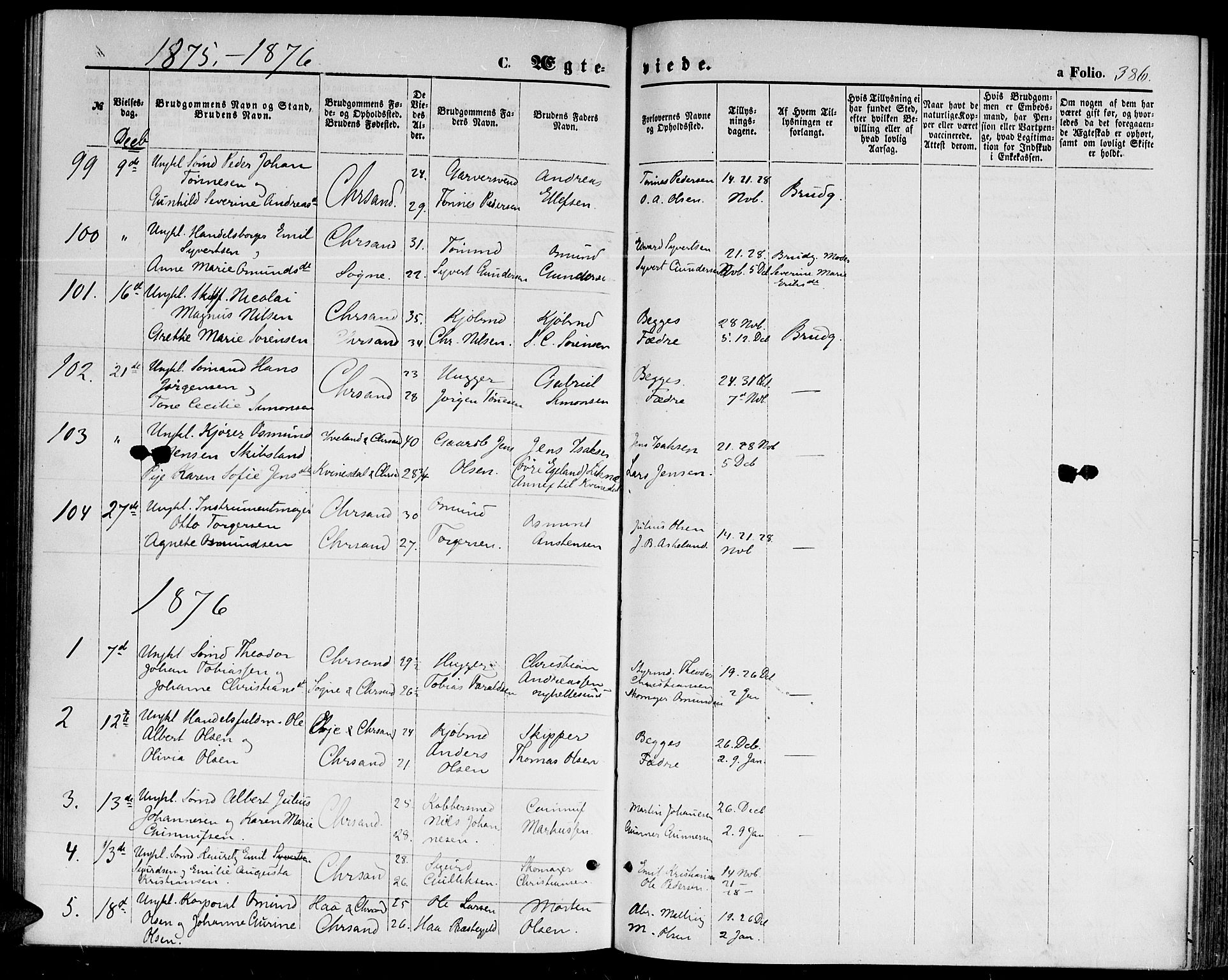 Kristiansand domprosti, SAK/1112-0006/F/Fb/L0013: Parish register (copy) no. B 13, 1871-1880, p. 386