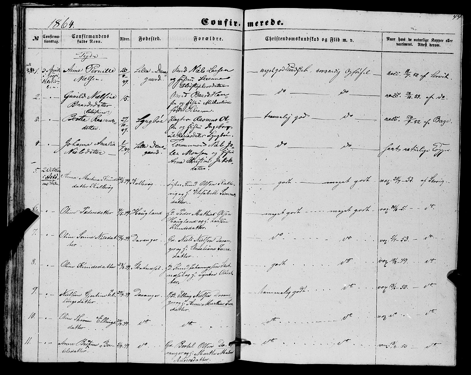 Askøy Sokneprestembete, SAB/A-74101/H/Ha/Haa/Haaa/L0012: Parish register (official) no. A 12, 1855-1877, p. 44