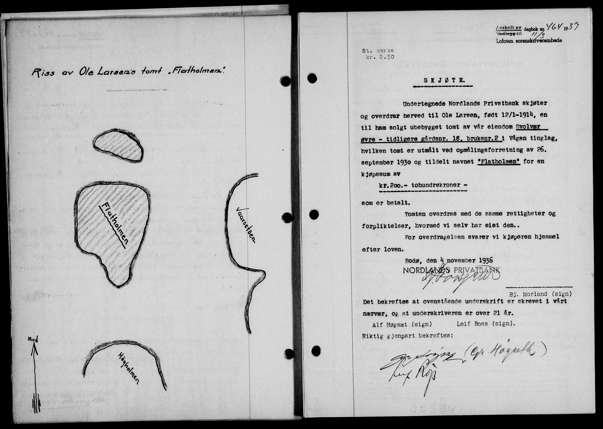 Lofoten sorenskriveri, SAT/A-0017/1/2/2C/L0002a: Mortgage book no. 2a, 1937-1937, Diary no: : 464/1937