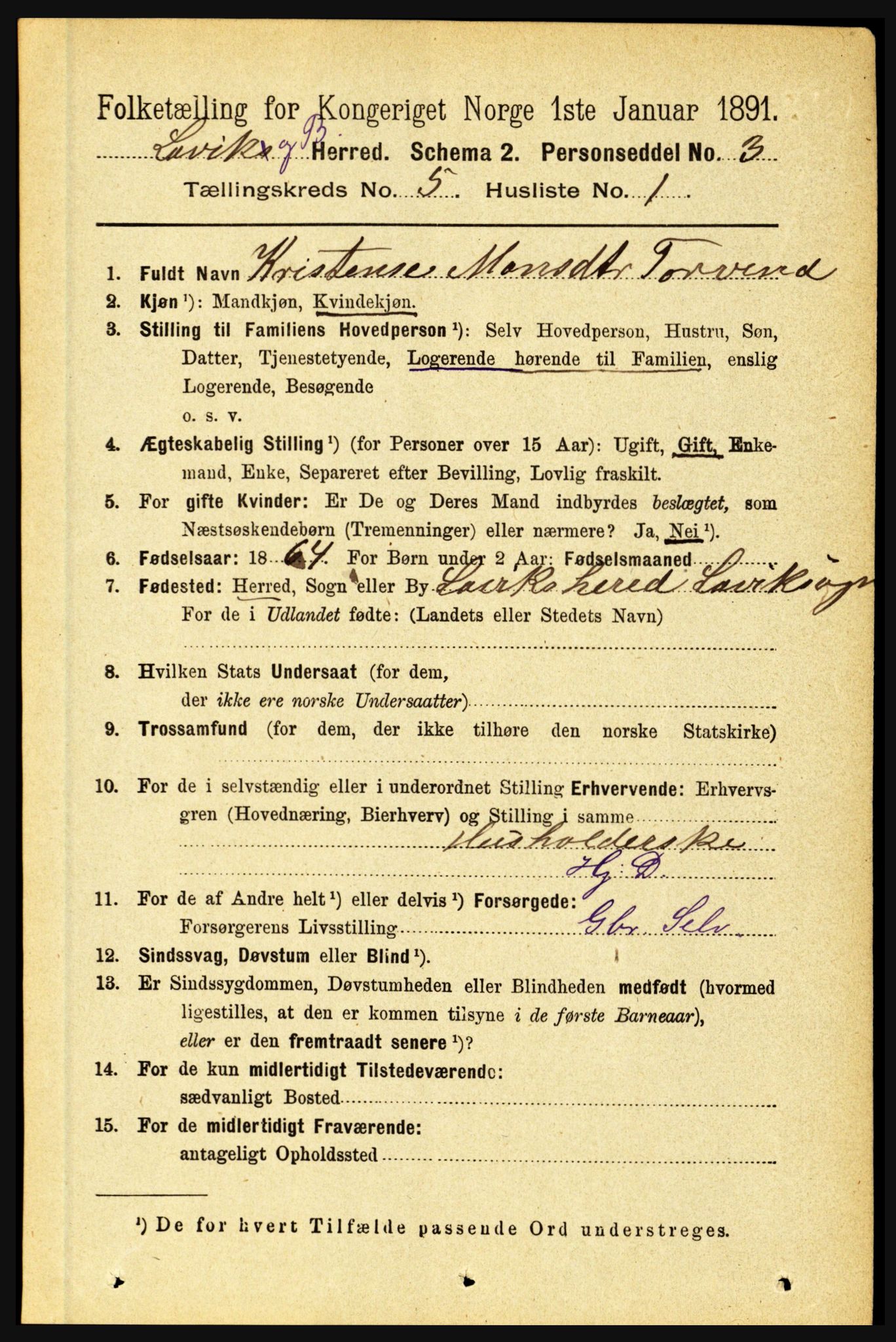 RA, 1891 census for 1415 Lavik og Brekke, 1891, p. 984