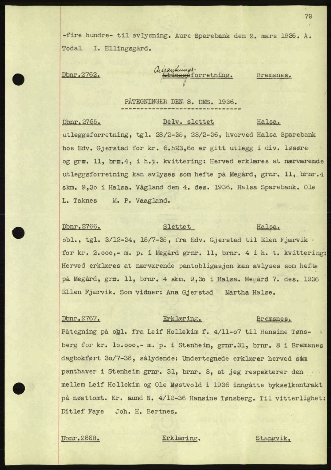 Nordmøre sorenskriveri, AV/SAT-A-4132/1/2/2Ca: Mortgage book no. C80, 1936-1939, Diary no: : 2762/1936