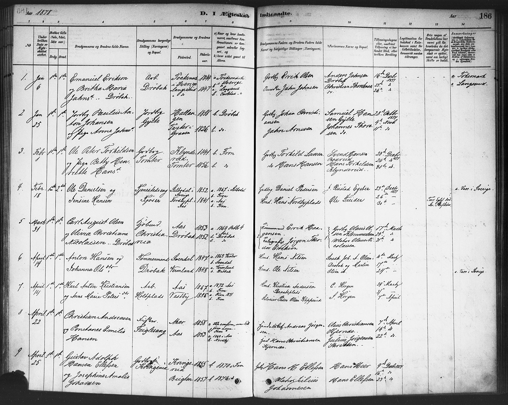 Drøbak prestekontor Kirkebøker, SAO/A-10142a/F/Fc/L0002: Parish register (official) no. III 2, 1878-1891, p. 186