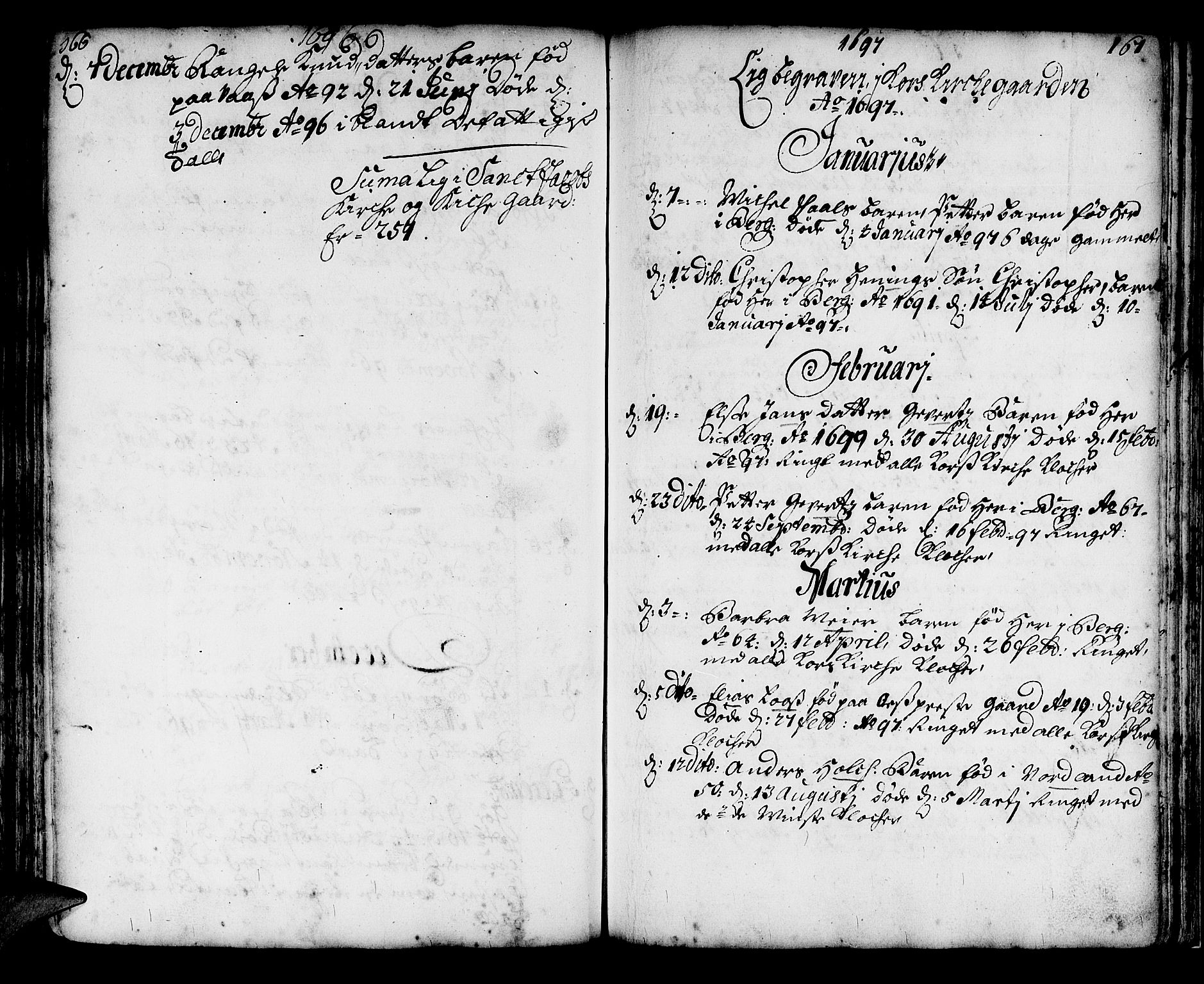 Korskirken sokneprestembete, SAB/A-76101/H/Haa/L0010: Parish register (official) no. A 10, 1688-1703, p. 166-167