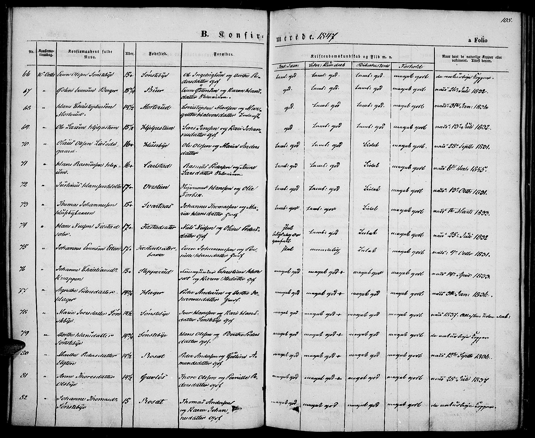 Vestre Toten prestekontor, AV/SAH-PREST-108/H/Ha/Haa/L0004: Parish register (official) no. 4, 1844-1849, p. 108