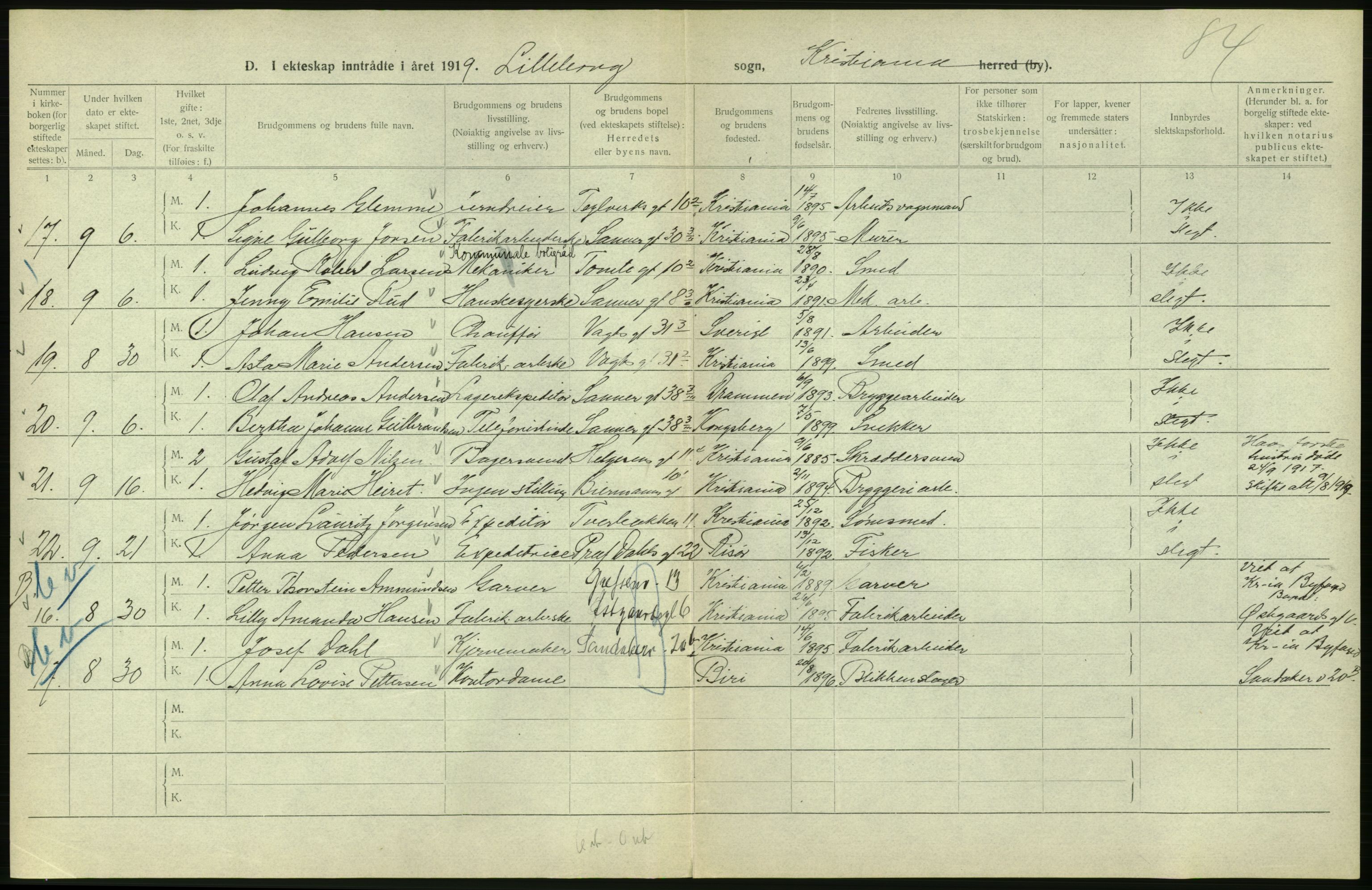 Statistisk sentralbyrå, Sosiodemografiske emner, Befolkning, AV/RA-S-2228/D/Df/Dfb/Dfbi/L0009: Kristiania: Gifte, 1919, p. 564