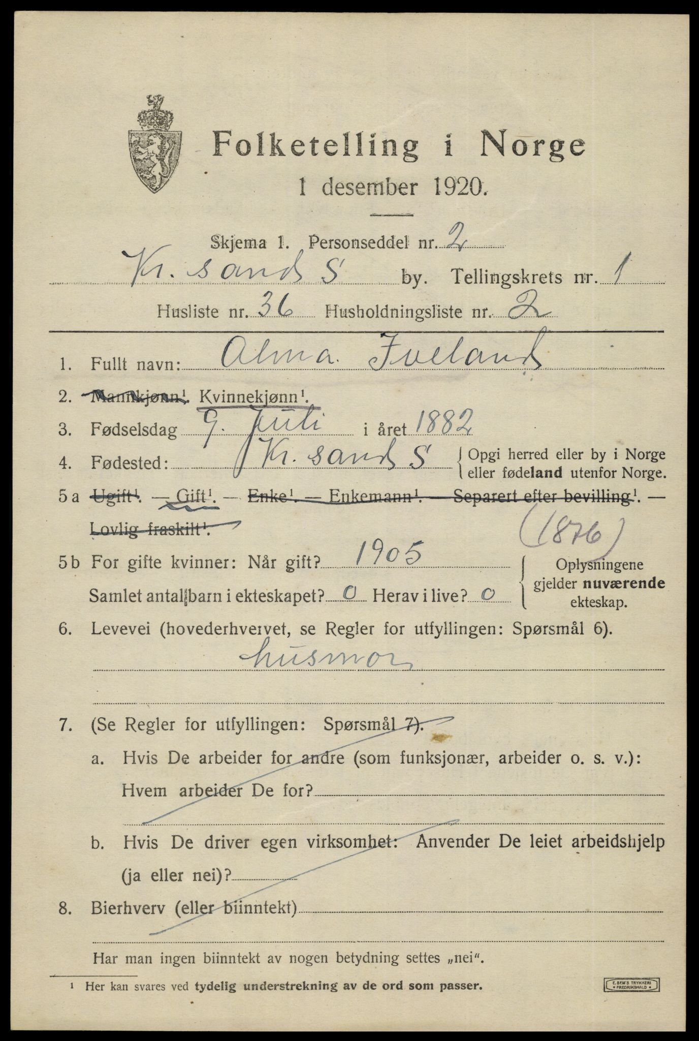 SAK, 1920 census for Kristiansand, 1920, p. 11717