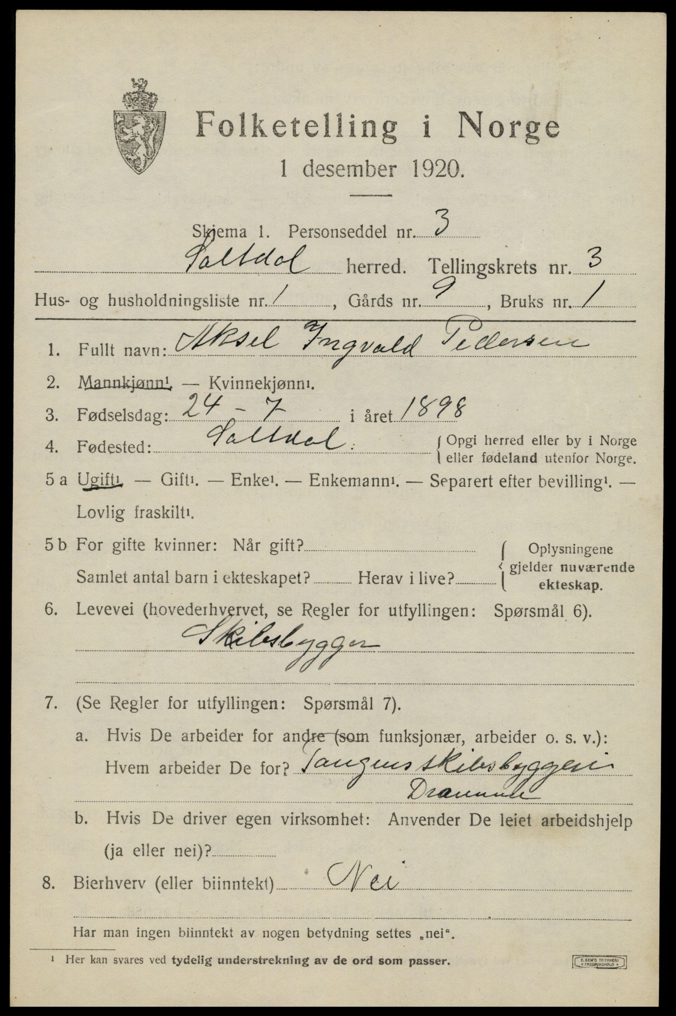 SAT, 1920 census for Saltdal, 1920, p. 4365