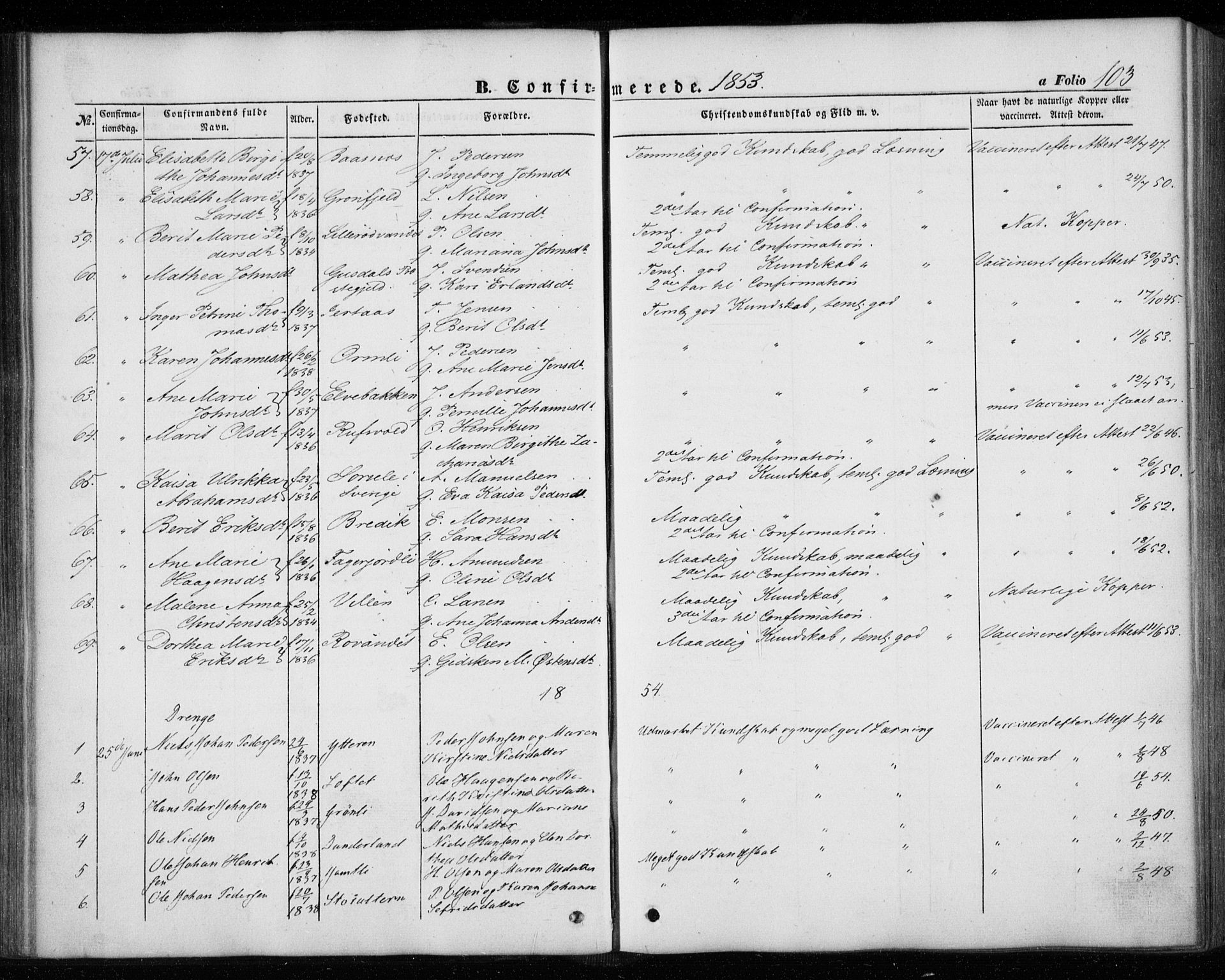 Ministerialprotokoller, klokkerbøker og fødselsregistre - Nordland, SAT/A-1459/827/L0392: Parish register (official) no. 827A04, 1853-1866, p. 103
