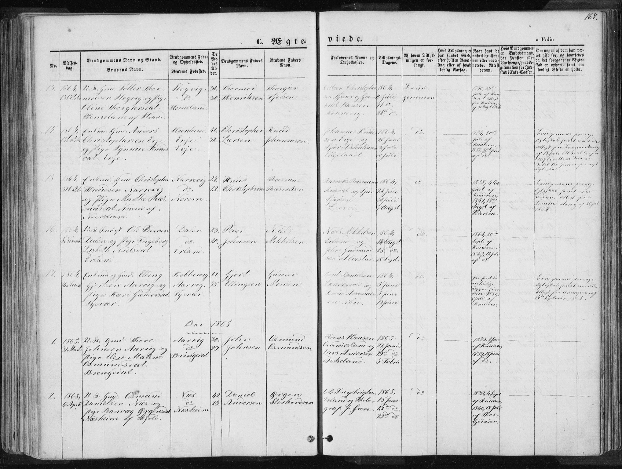 Tysvær sokneprestkontor, AV/SAST-A -101864/H/Ha/Haa/L0003: Parish register (official) no. A 3, 1856-1865, p. 167