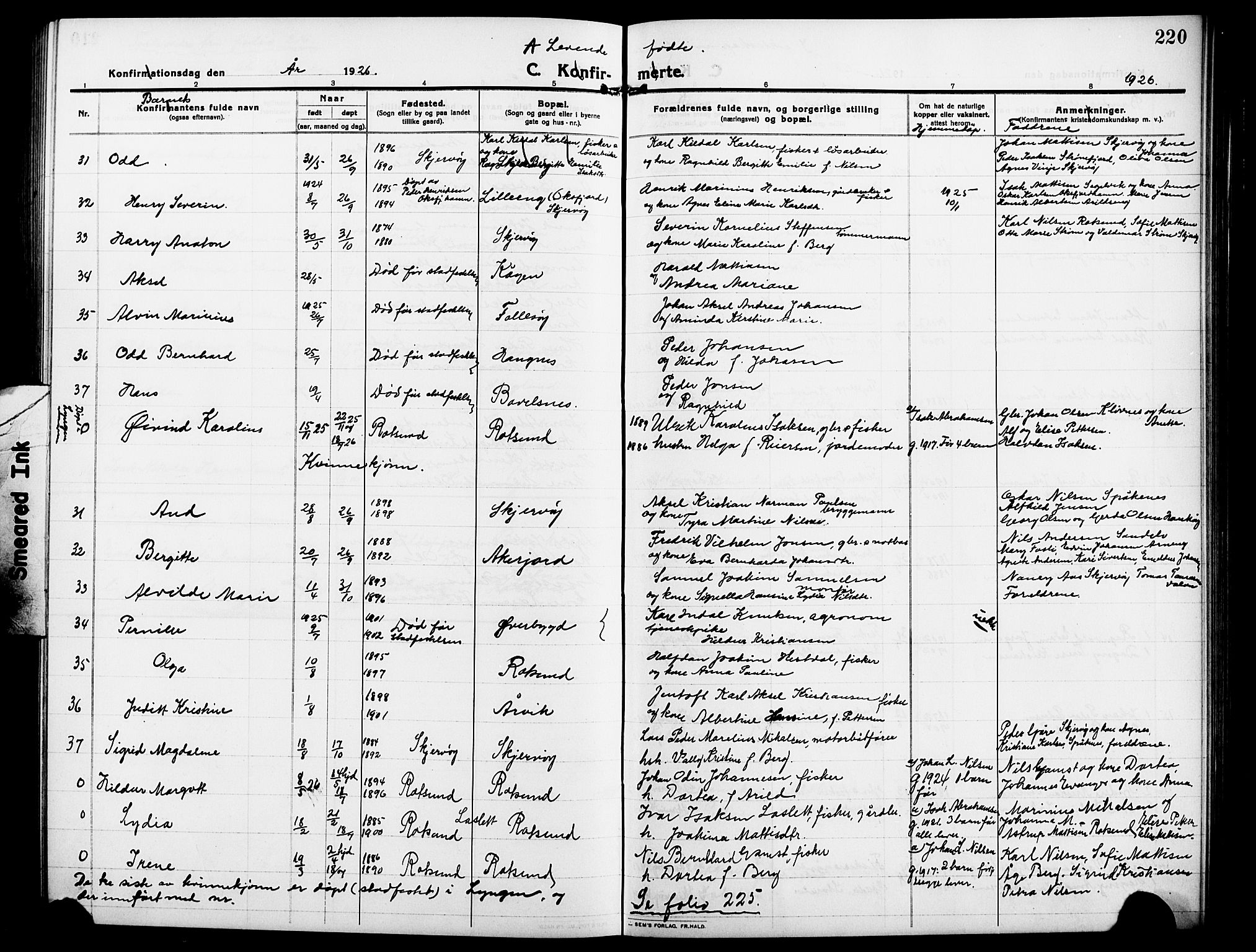 Skjervøy sokneprestkontor, AV/SATØ-S-1300/H/Ha/Hab/L0009klokker: Parish register (copy) no. 9, 1911-1926, p. 220