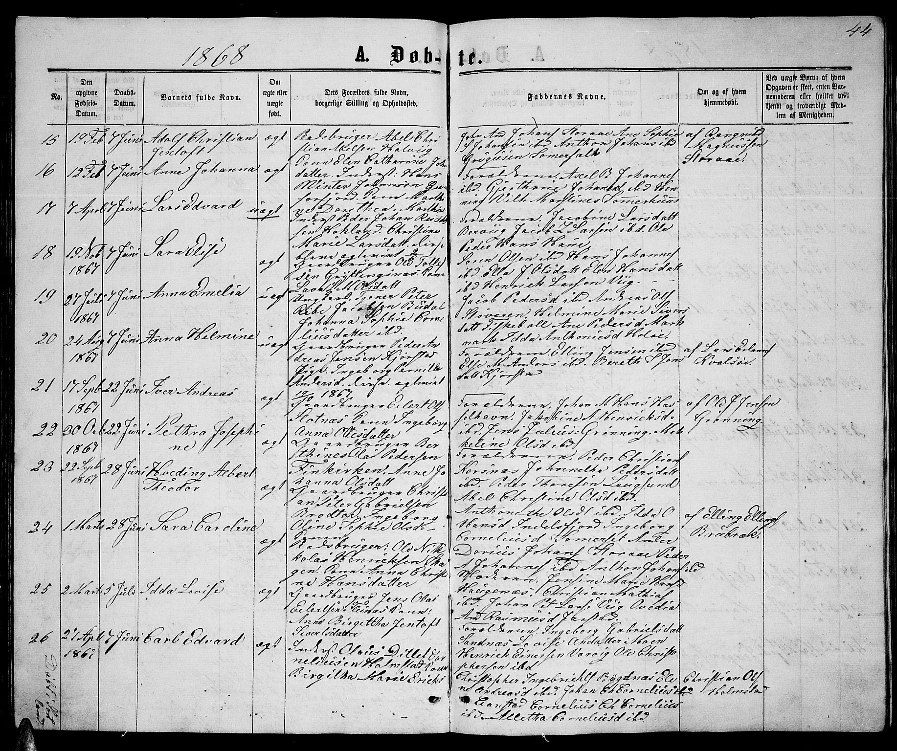 Ministerialprotokoller, klokkerbøker og fødselsregistre - Nordland, AV/SAT-A-1459/888/L1266: Parish register (copy) no. 888C04, 1864-1877, p. 44