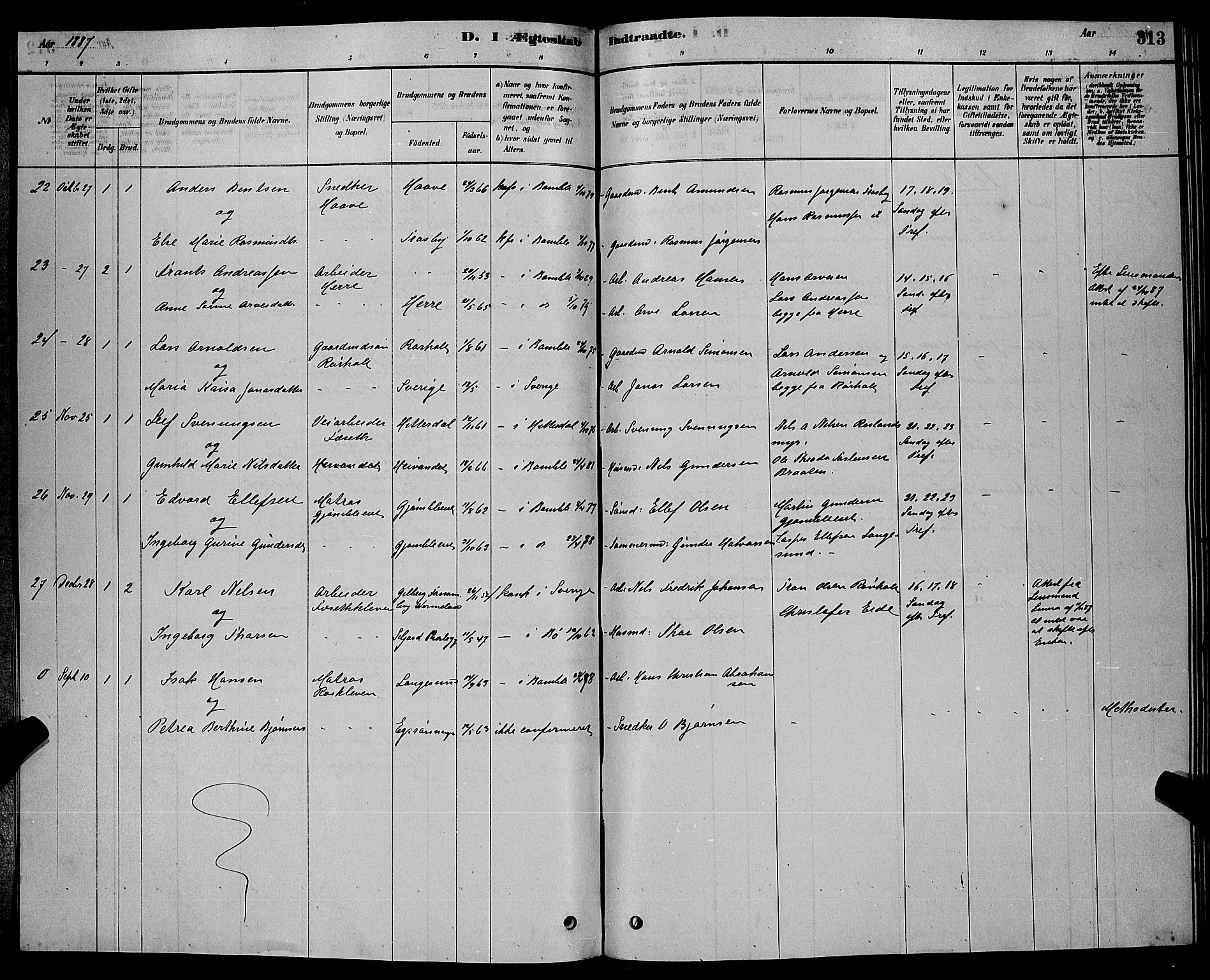 Bamble kirkebøker, SAKO/A-253/G/Ga/L0008: Parish register (copy) no. I 8, 1878-1888, p. 313