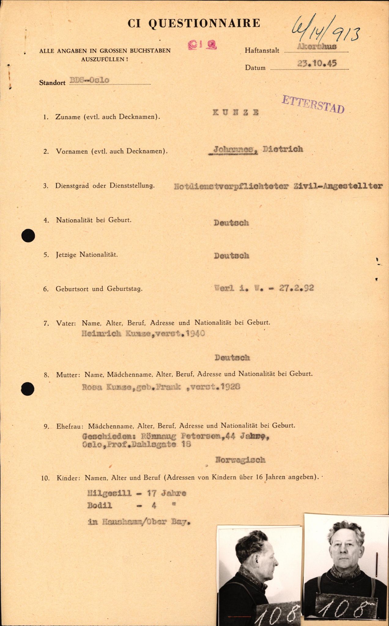 Forsvaret, Forsvarets overkommando II, AV/RA-RAFA-3915/D/Db/L0018: CI Questionaires. Tyske okkupasjonsstyrker i Norge. Tyskere., 1945-1946, p. 498