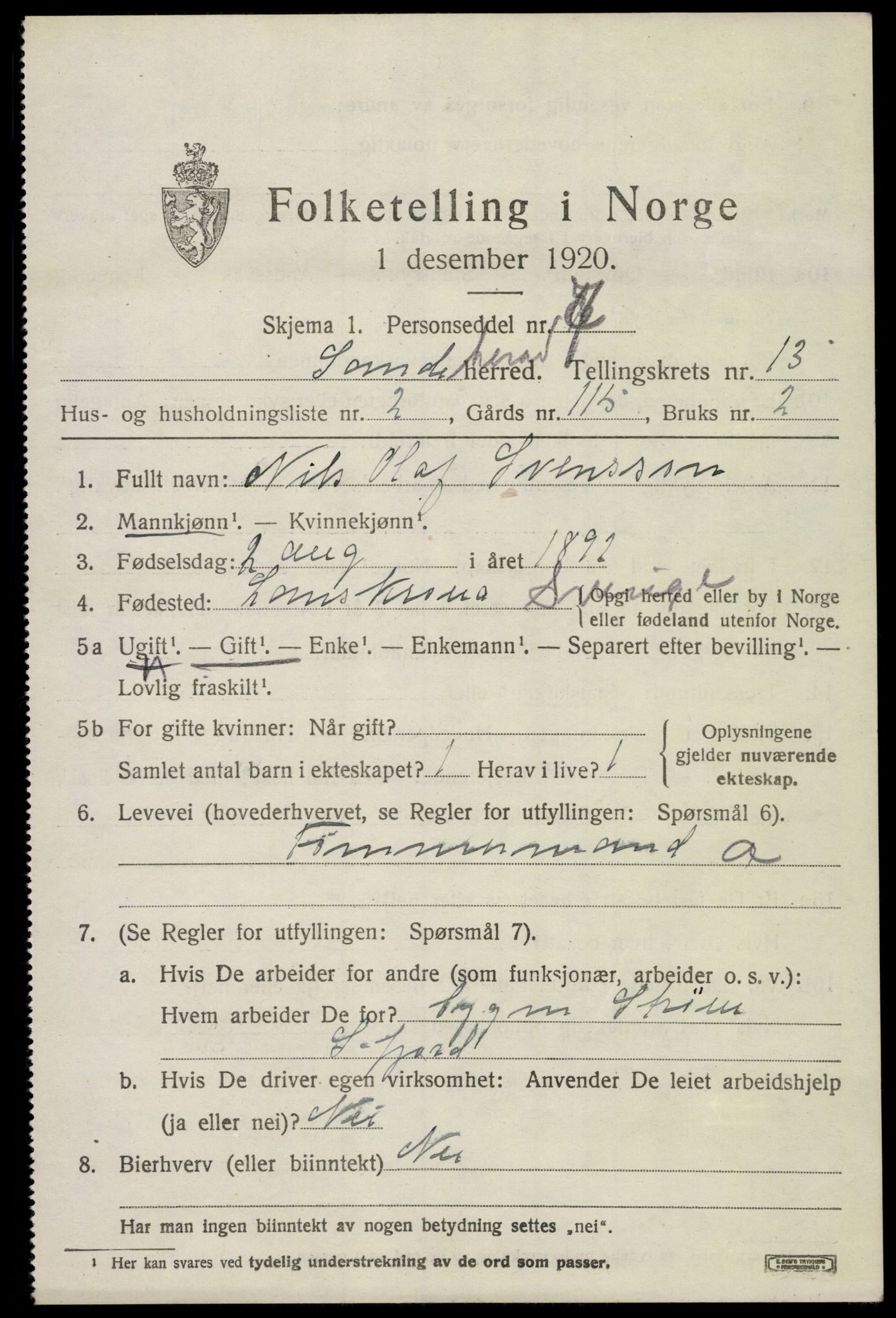 SAKO, 1920 census for Sandeherred, 1920, p. 19124