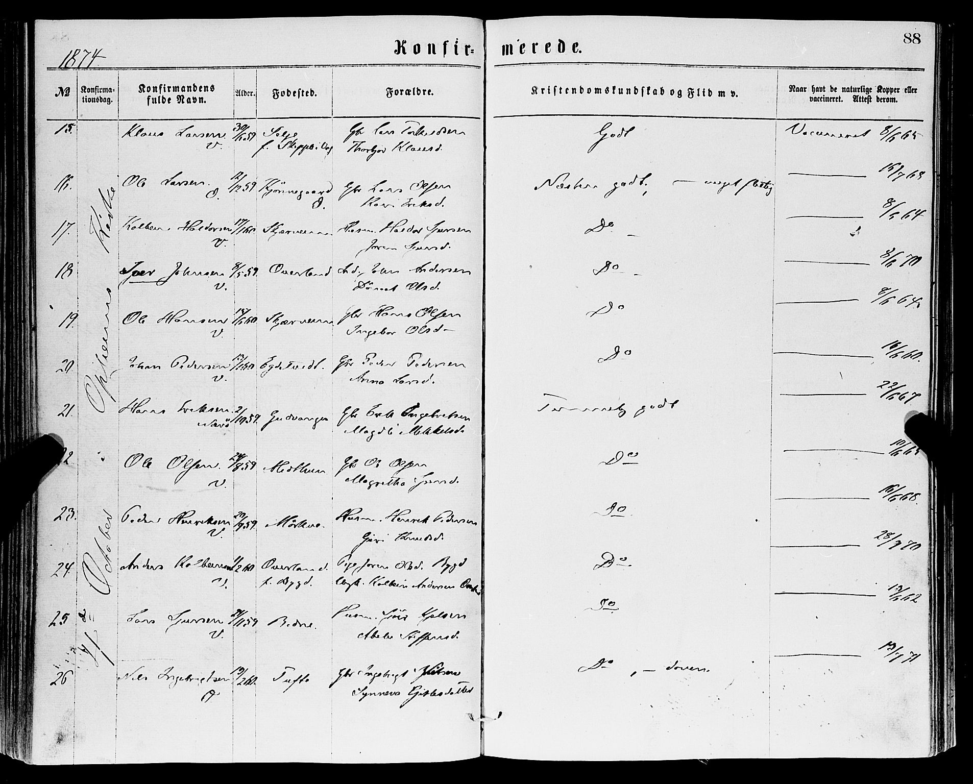 Vossestrand Sokneprestembete, AV/SAB-A-79101/H/Haa: Parish register (official) no. A 1, 1866-1877, p. 88