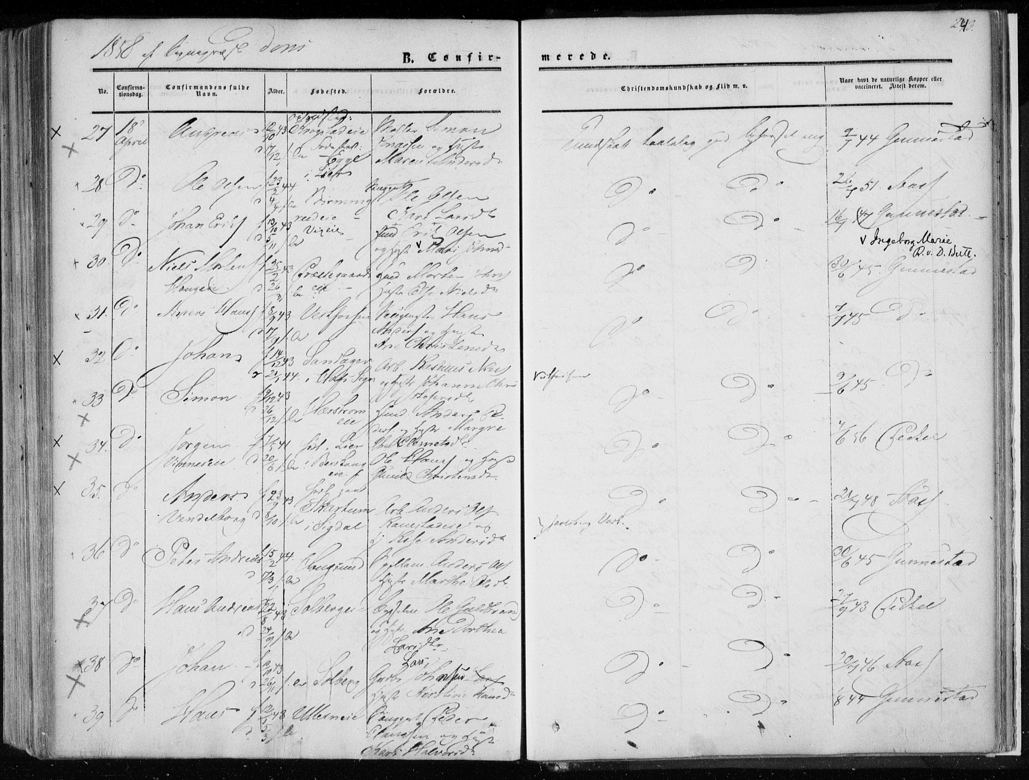 Eiker kirkebøker, AV/SAKO-A-4/F/Fa/L0015a: Parish register (official) no. I 15A, 1854-1860, p. 243