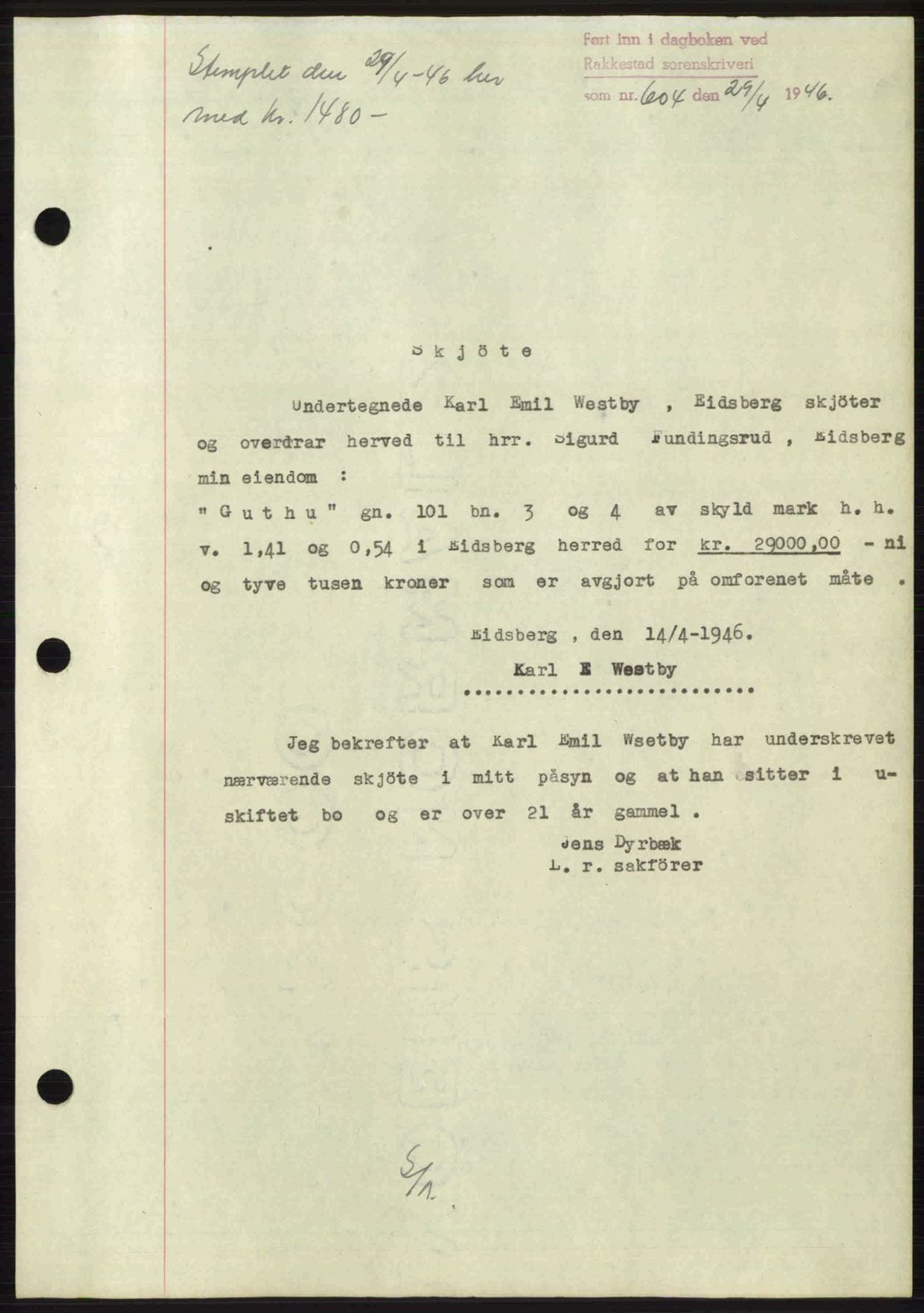 Rakkestad sorenskriveri, AV/SAO-A-10686/G/Gb/Gba/Gbab/L0012a: Mortgage book no. A12 I, 1945-1946, Diary no: : 604/1946