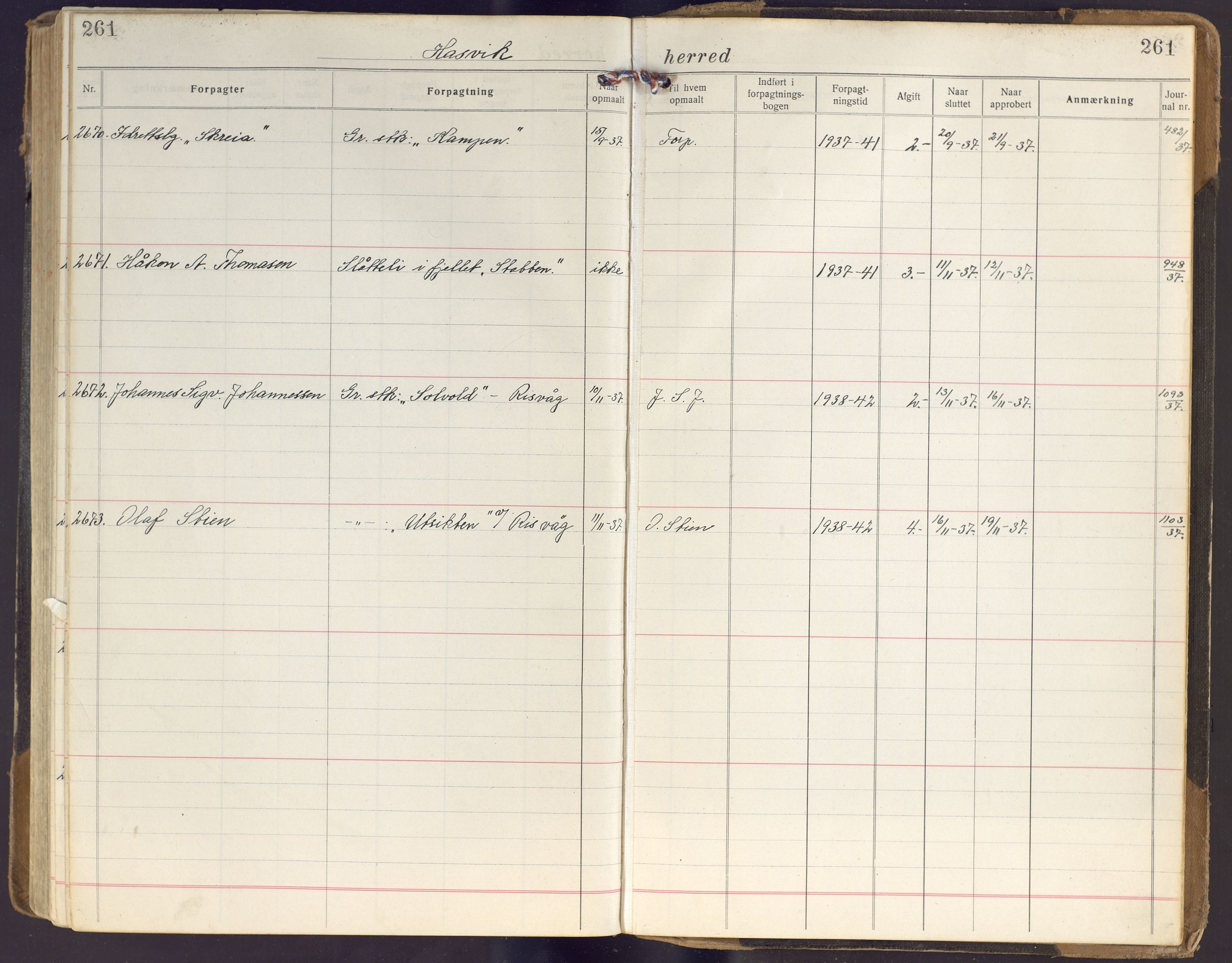 Finnmark jordsalgskommisjon/jordsalgskontor og Statskog SF Finnmark jordsalgskontor, AV/SATØ-S-1443/J/Ja/L0005: Forpaktningsbok for Finnmark I, 1913-1937, p. 261