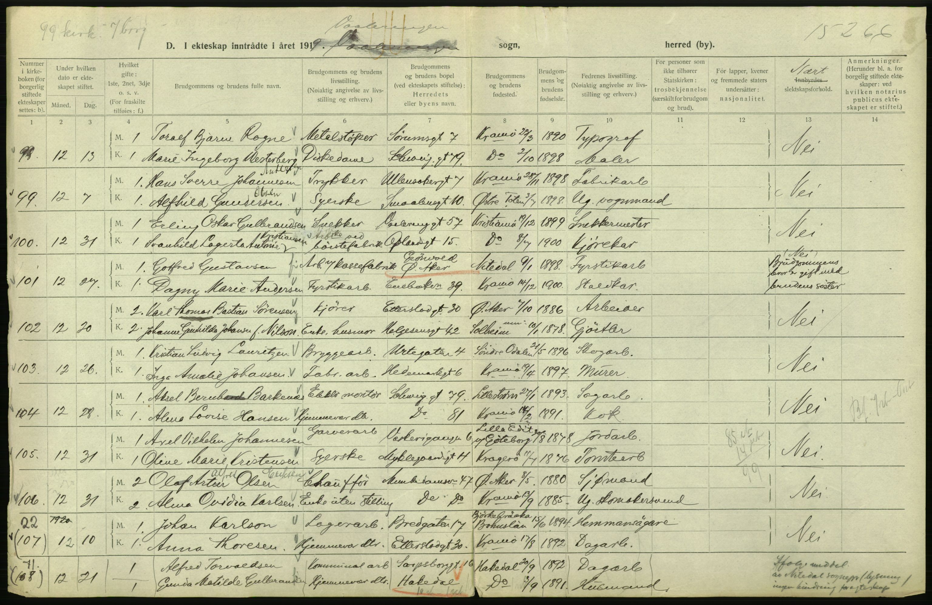 Statistisk sentralbyrå, Sosiodemografiske emner, Befolkning, AV/RA-S-2228/D/Df/Dfb/Dfbi/L0009: Kristiania: Gifte, 1919, p. 824