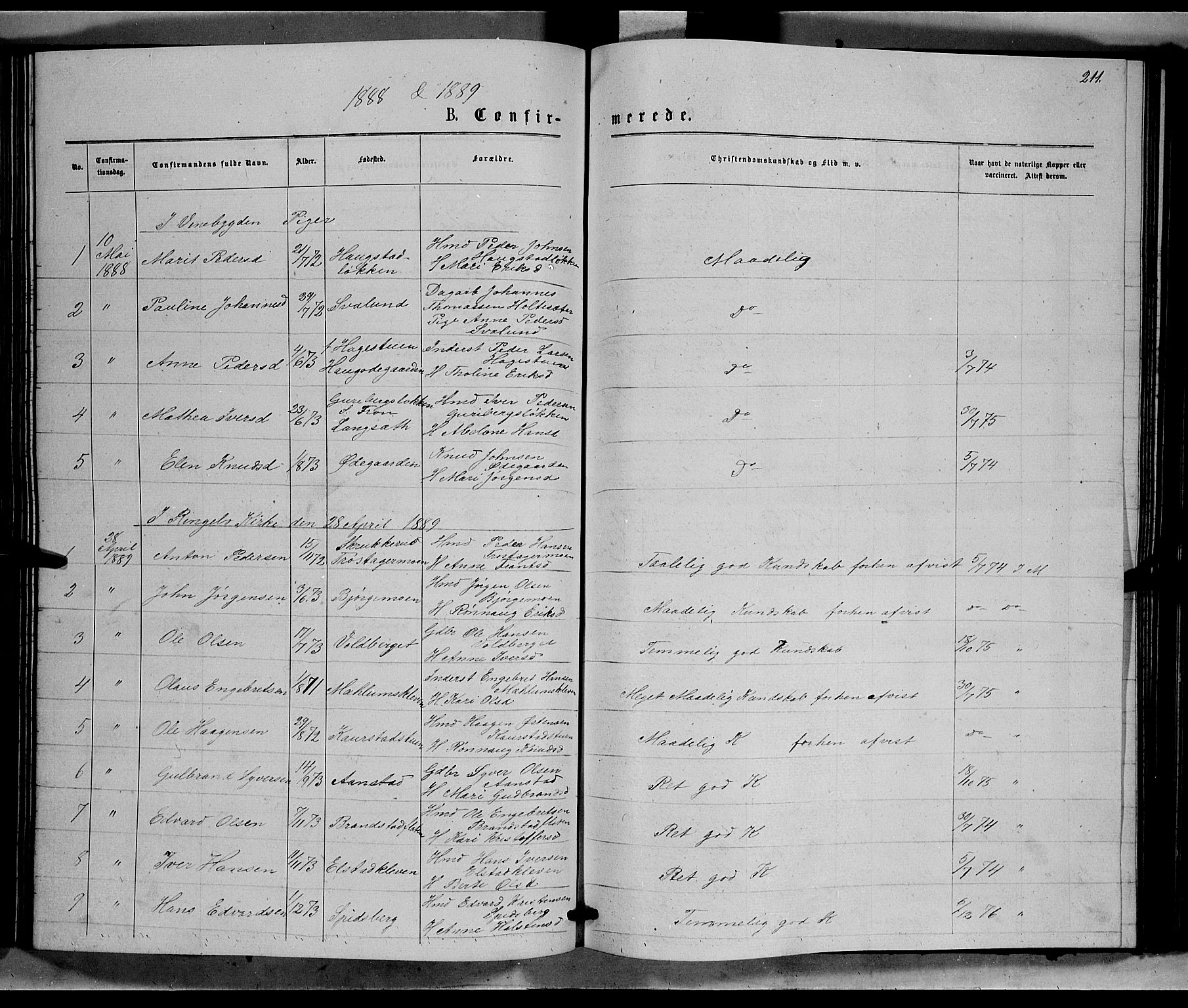 Ringebu prestekontor, SAH/PREST-082/H/Ha/Hab/L0006: Parish register (copy) no. 6, 1880-1898, p. 211