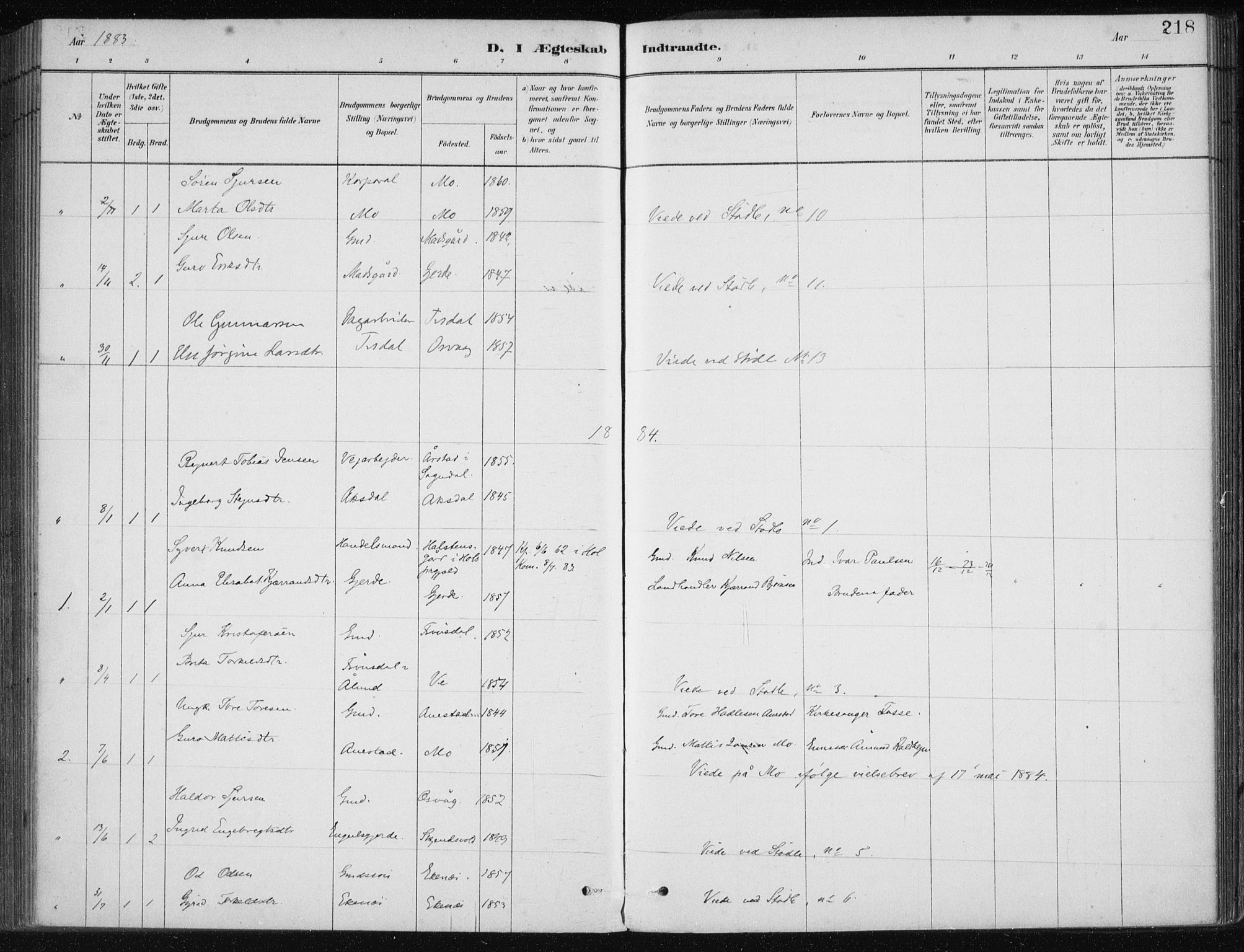 Etne sokneprestembete, SAB/A-75001/H/Haa: Parish register (official) no. C  1, 1879-1919, p. 218