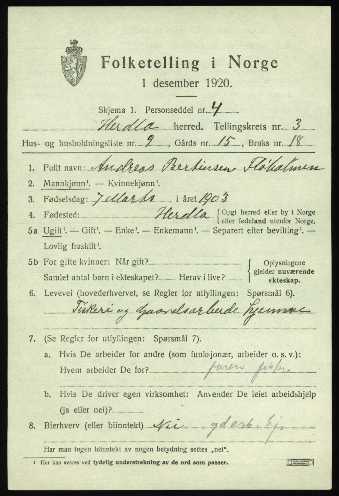 SAB, 1920 census for Herdla, 1920, p. 2909
