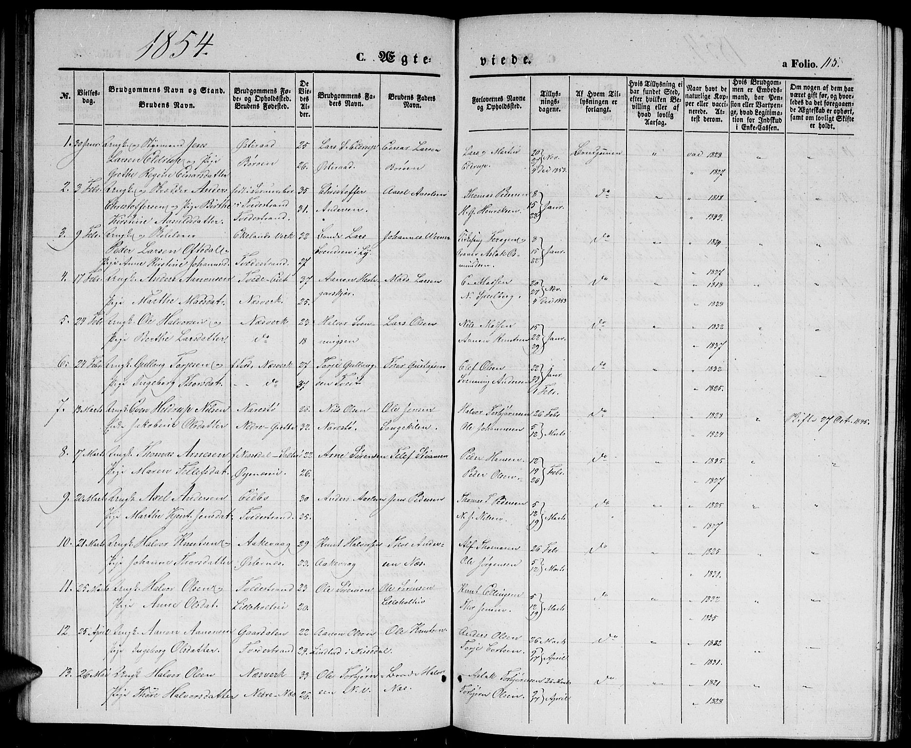 Holt sokneprestkontor, SAK/1111-0021/F/Fb/L0007: Parish register (copy) no. B 7, 1849-1858, p. 115
