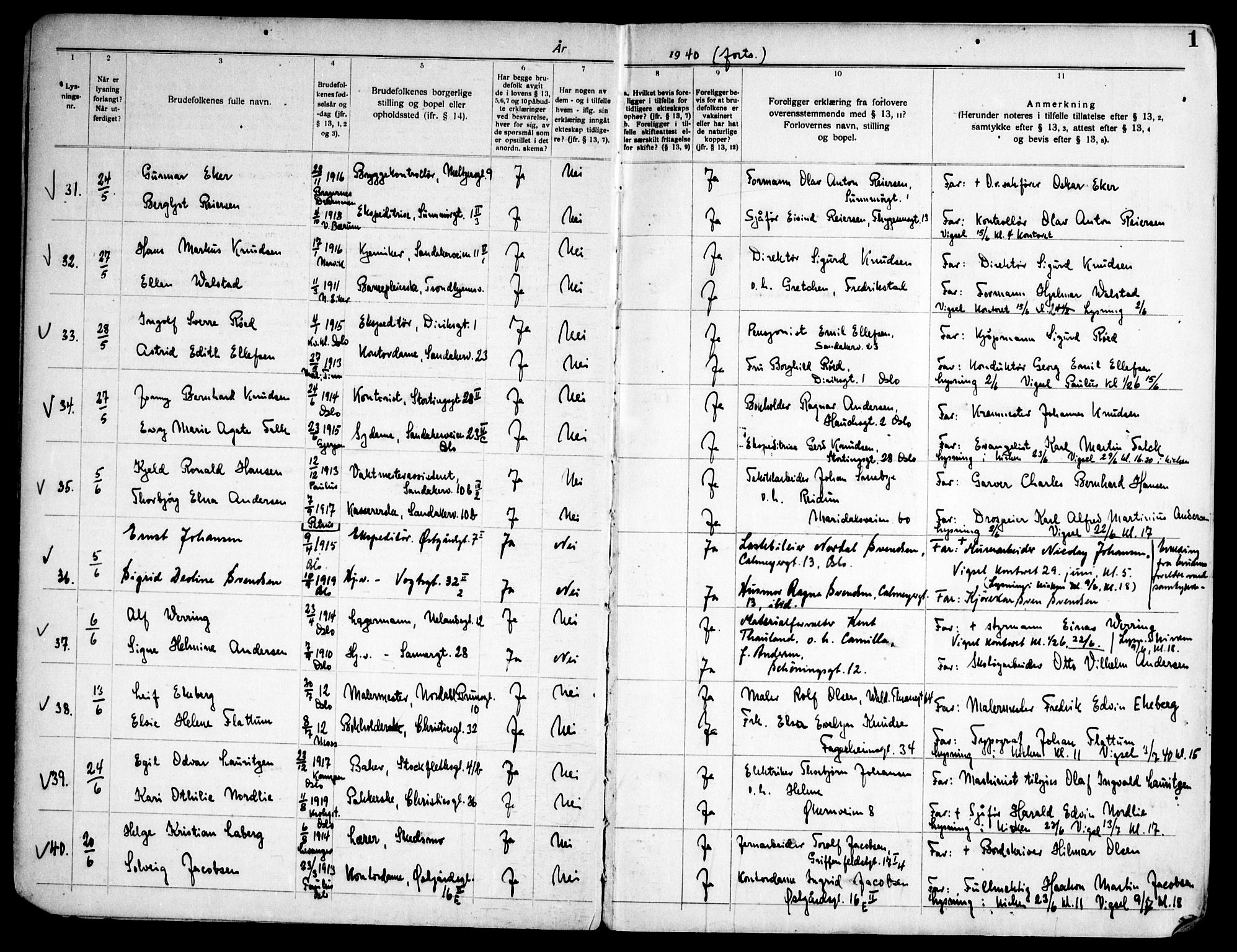 Lilleborg prestekontor Kirkebøker, AV/SAO-A-10343a/H/L0003: Banns register no. 3, 1940-1960, p. 1