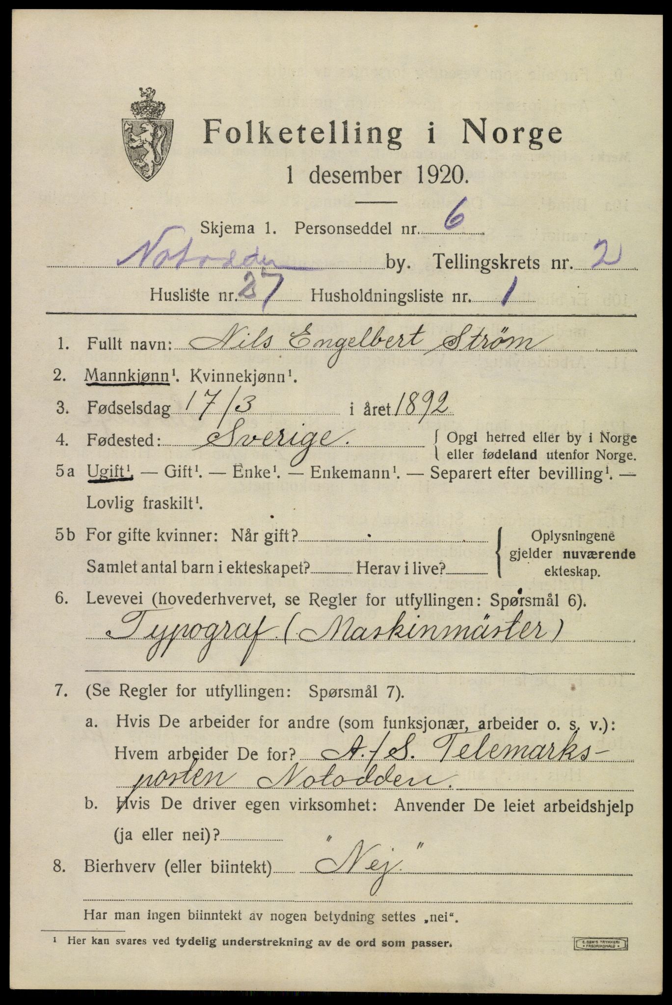 SAKO, 1920 census for Notodden, 1920, p. 6916