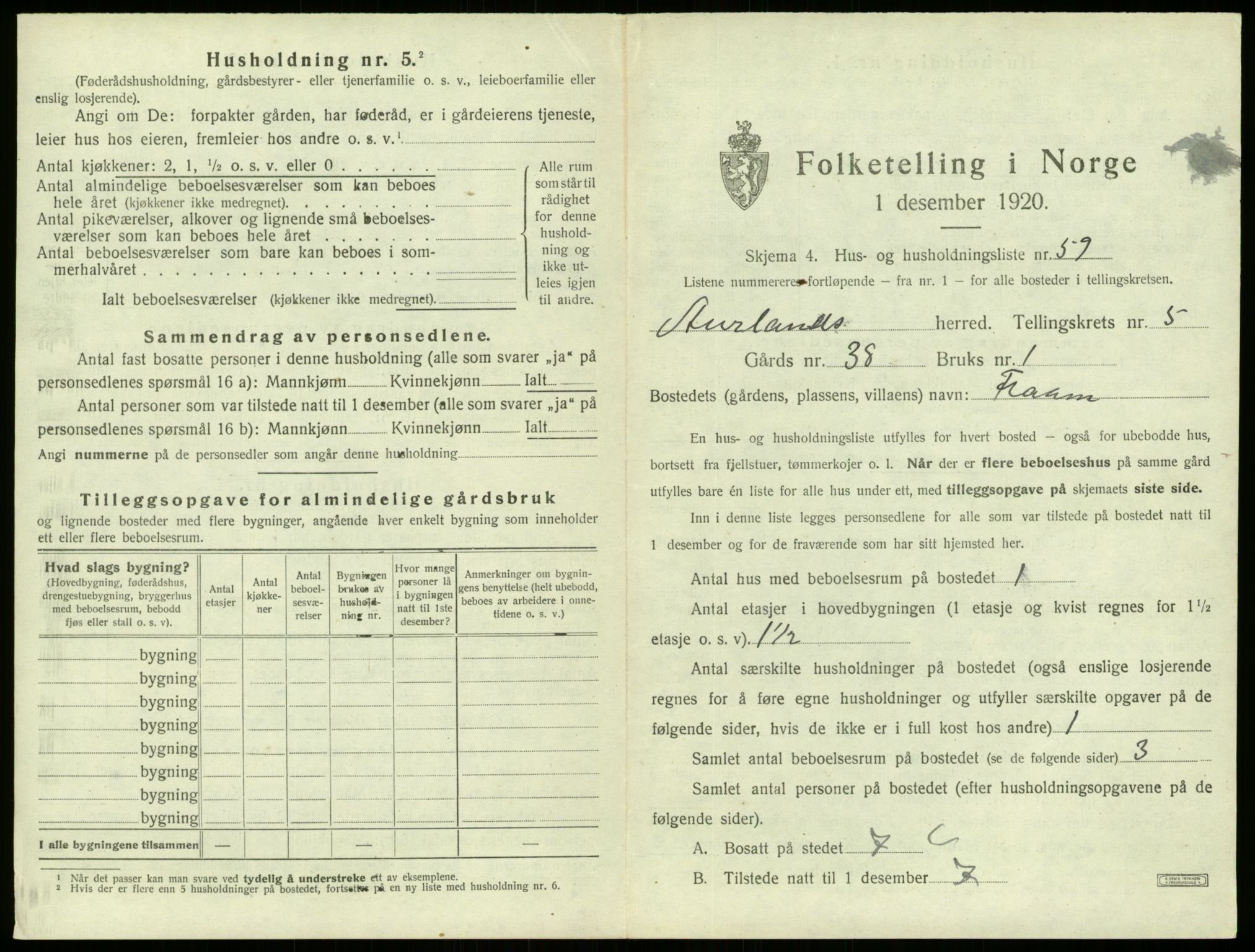 SAB, 1920 census for Aurland, 1920, p. 519