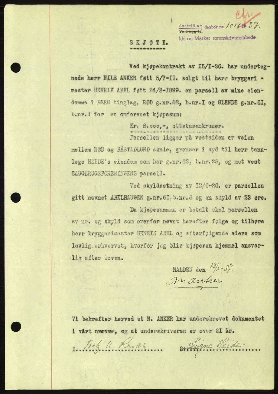 Idd og Marker sorenskriveri, AV/SAO-A-10283/G/Gb/Gbb/L0002: Mortgage book no. A2, 1937-1938, Diary no: : 1017/1937