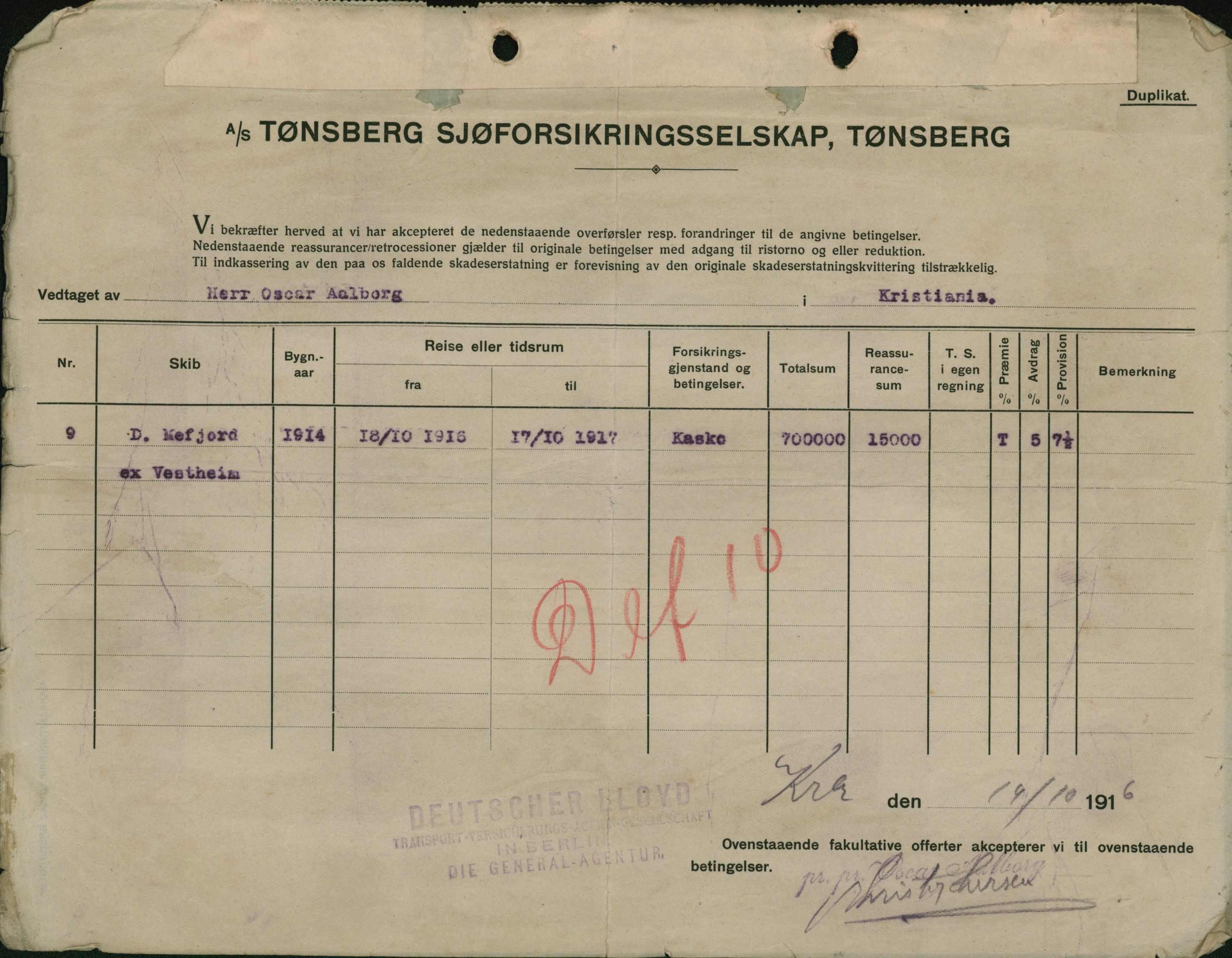 Pa 664 - Tønsberg Sjøforsikringsselskap, VEMU/A-1773/F/L0001: Forsikringspoliser, 1915-1918