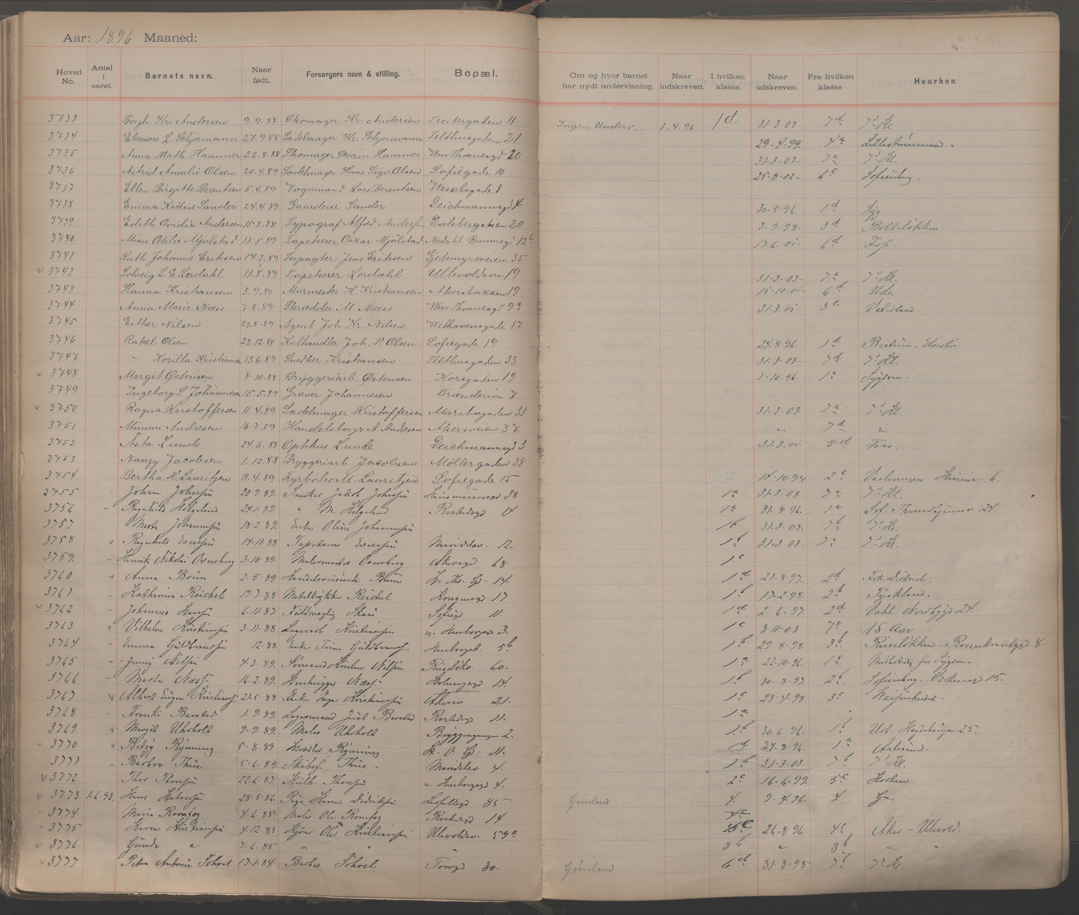 Møllergata skole, OBA/A-20129/F/Fa/L0001: Ut-/innskrivningsprotokoll, 1889-1907, p. 89