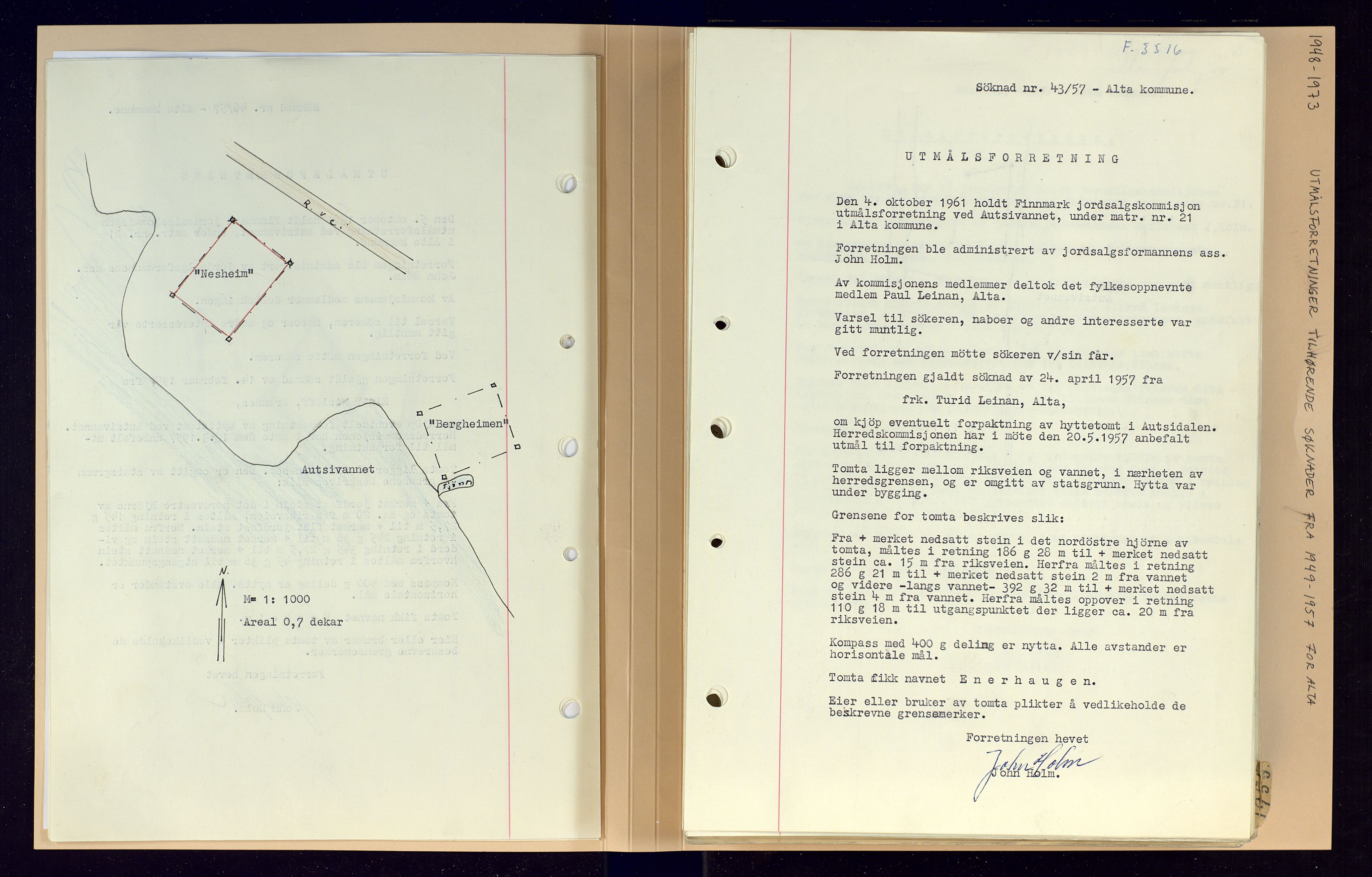 Finnmark jordsalgskommisjon/jordsalgskontor og Statskog SF Finnmark jordsalgskontor, AV/SATØ-S-1443/O/Oa/L0003: Utmålsforretninger i Alta, 1919-1981, p. 167