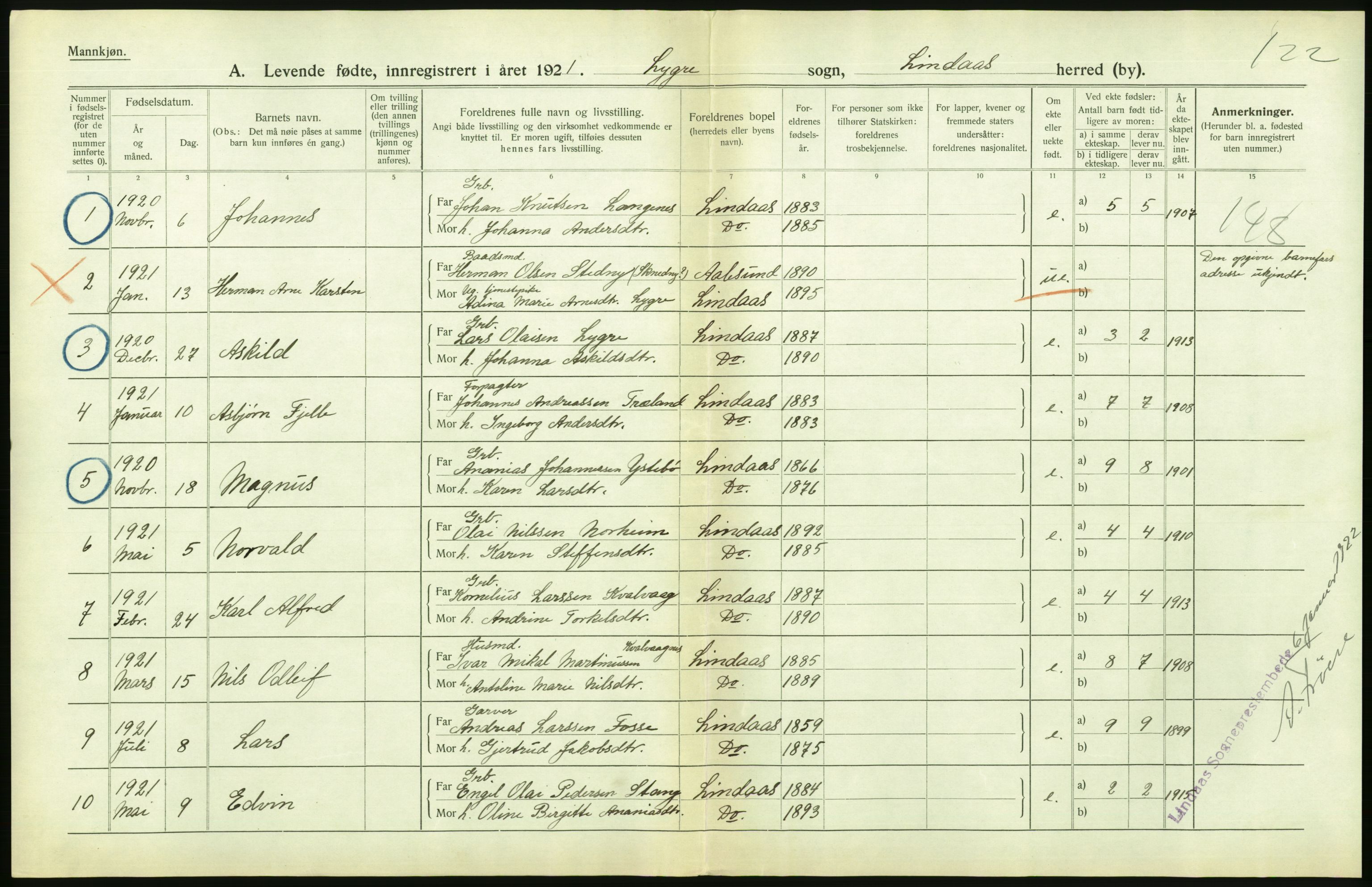 Statistisk sentralbyrå, Sosiodemografiske emner, Befolkning, AV/RA-S-2228/D/Df/Dfc/Dfca/L0031: Hordaland fylke: Levendefødte menn og kvinner. Bygder., 1921, p. 50