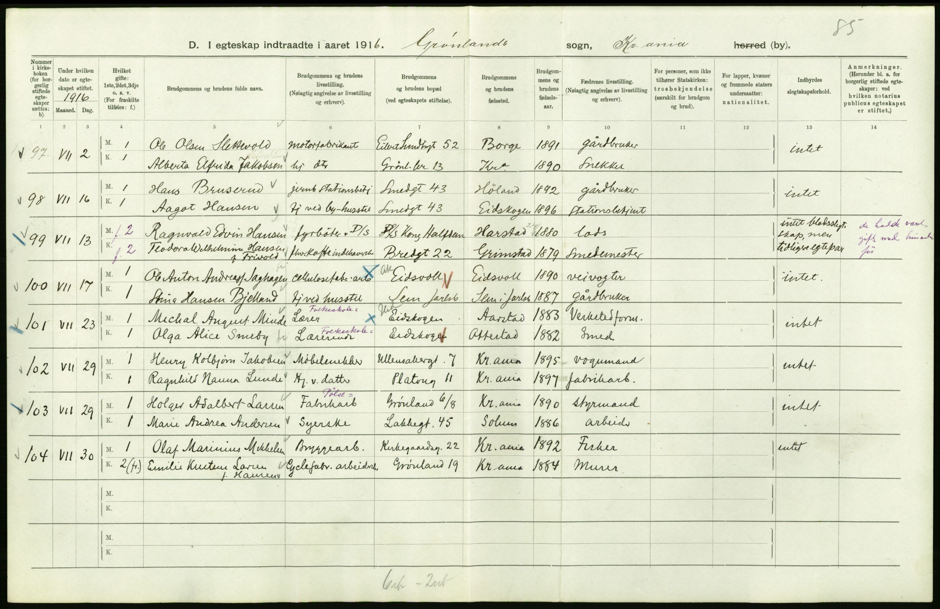 Statistisk sentralbyrå, Sosiodemografiske emner, Befolkning, AV/RA-S-2228/D/Df/Dfb/Dfbf/L0008: Kristiania: Gifte, 1916, p. 564